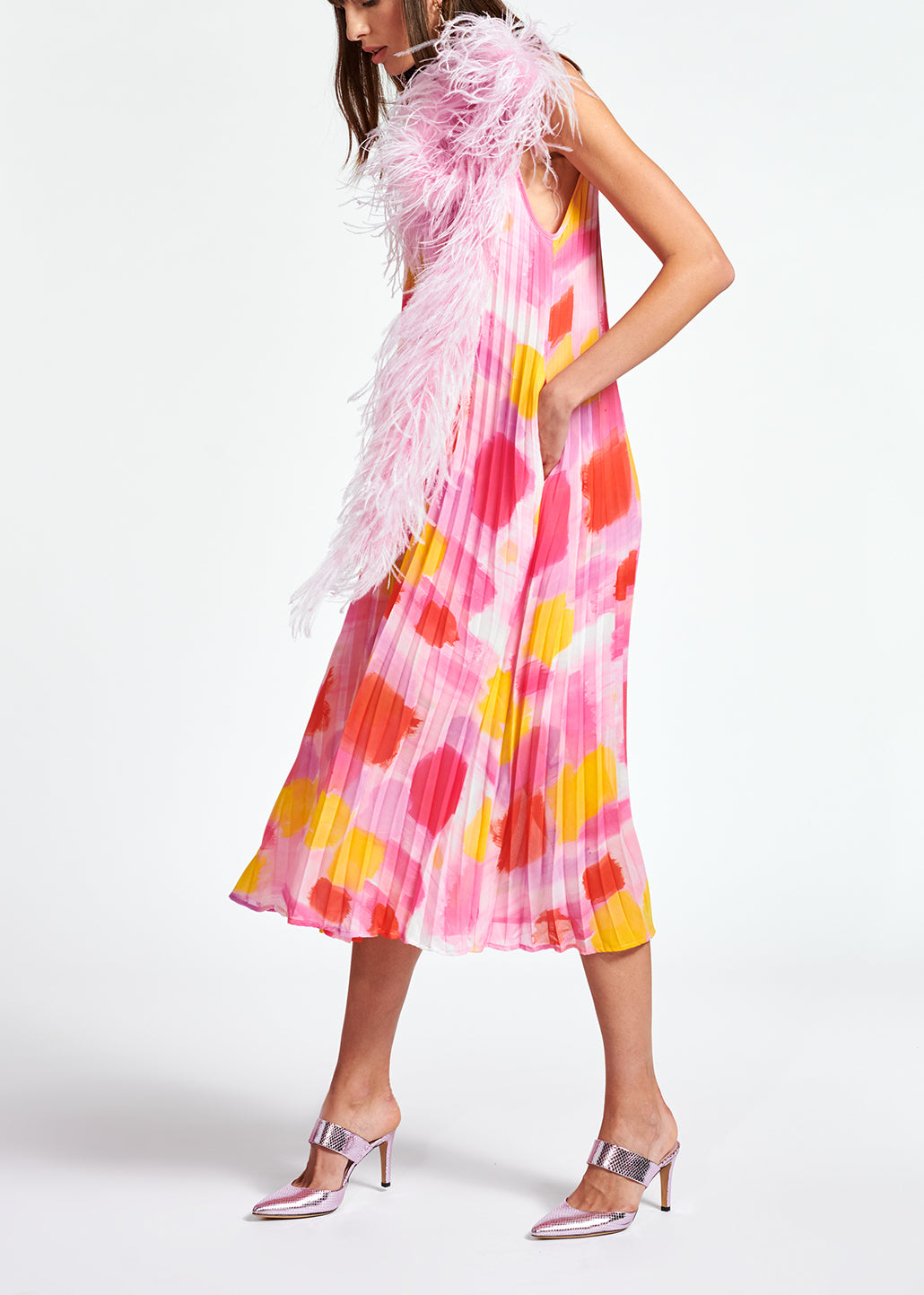 Pink and yellow plissé midi-length dress RE—SSENTIEL | Essentiel second hand