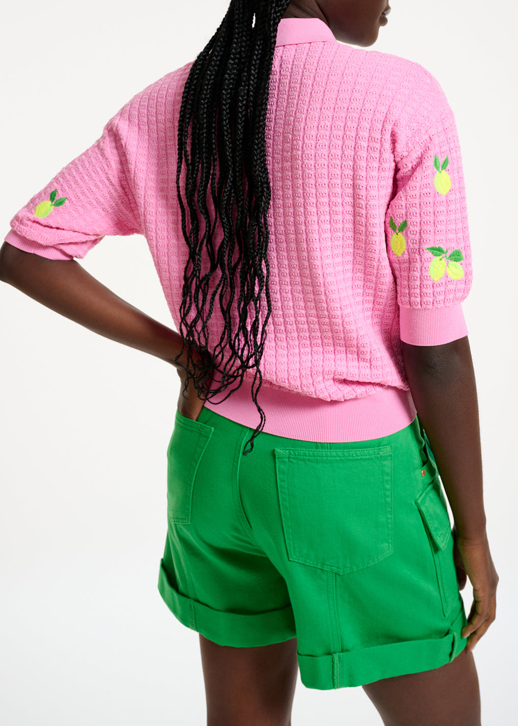 Pink knitted polo top with lemon embroideries RE—SSENTIEL | Essentiel second hand