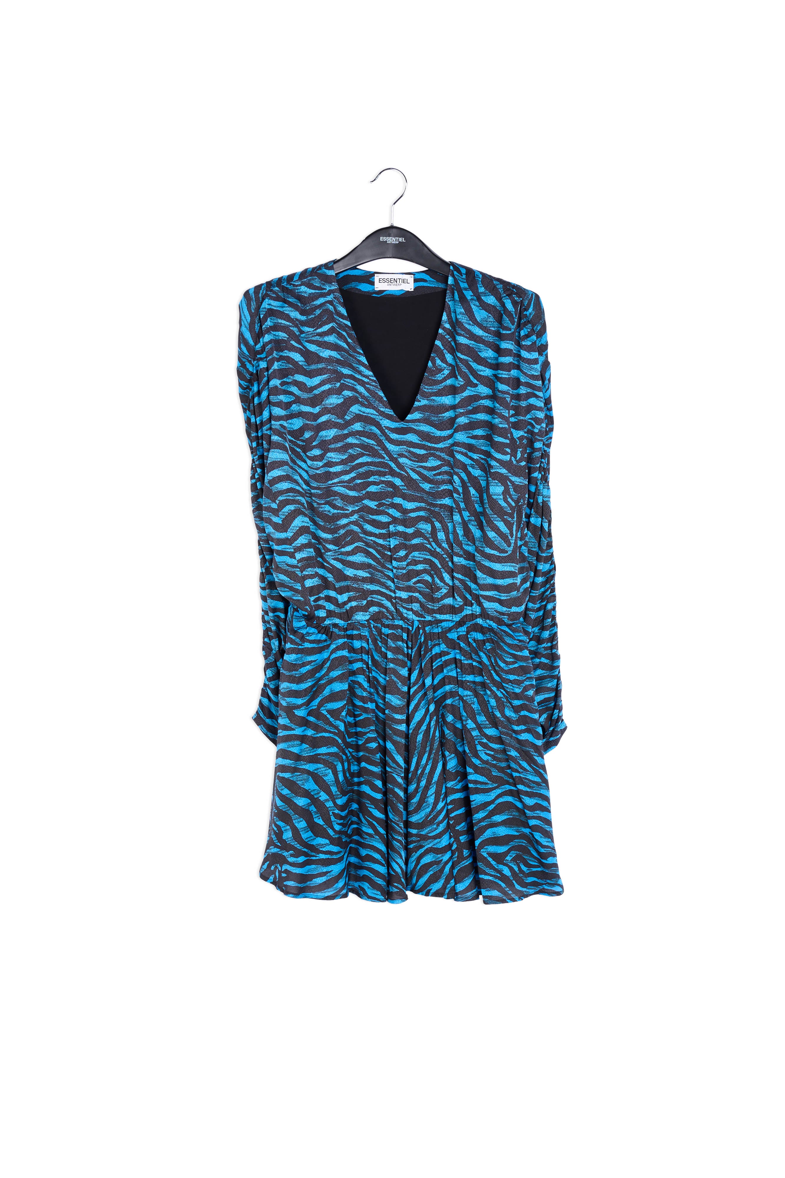 Volumineuze mini-jurk met blauwe en groene zebraprint RE—SSENTIEL | Essentiel second hand