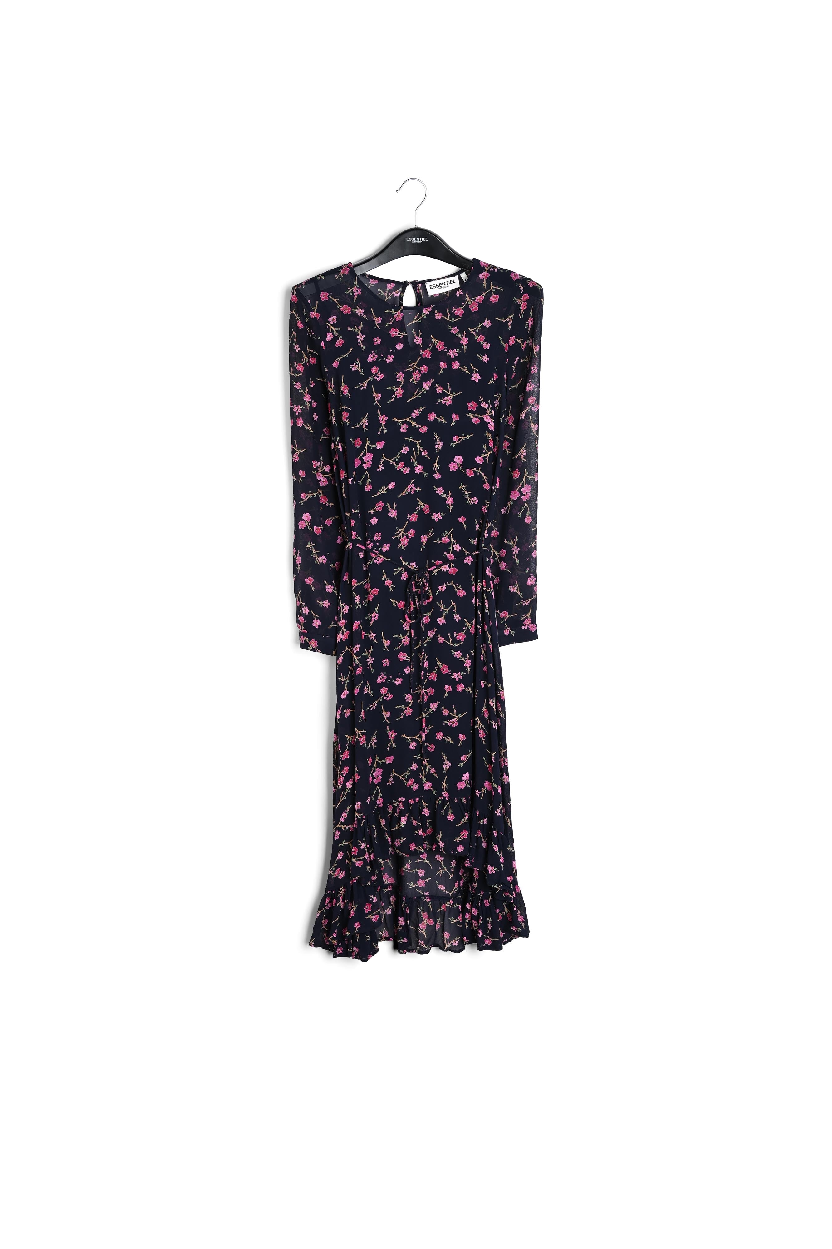 Donkerblauwe a-jurk met bloemen RE—SSENTIEL | Essentiel second hand