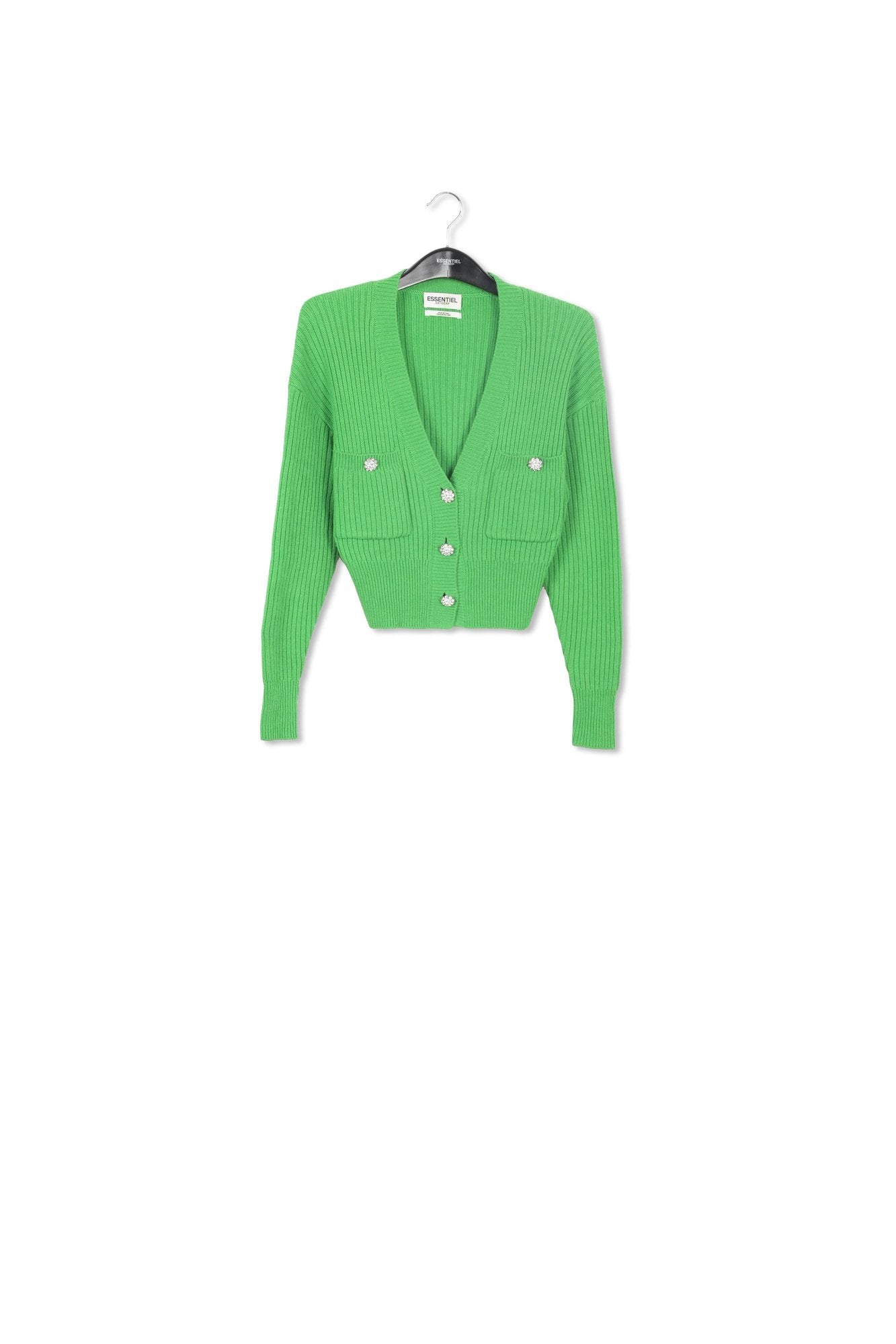 Groene cardigan met V-hals en strasknopen RE—SSENTIEL | Essentiel second hand