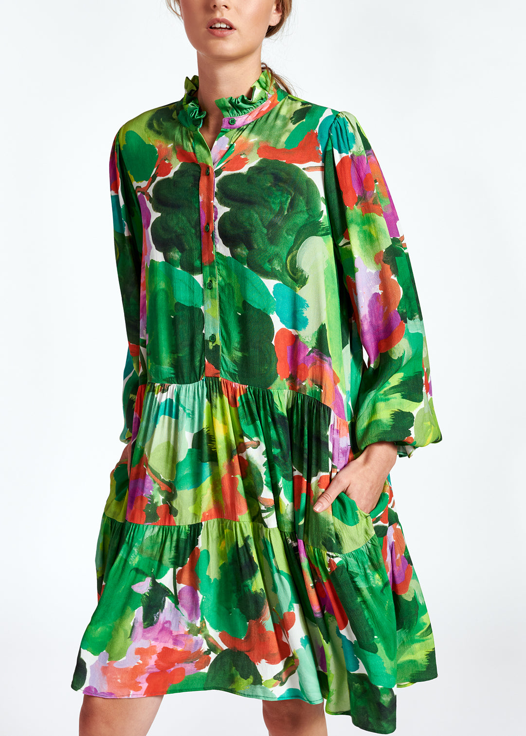 Mini robe trapèze à  imprimé aquarelle vert, rouge et pourpre RE—SSENTIEL | Essentiel second hand