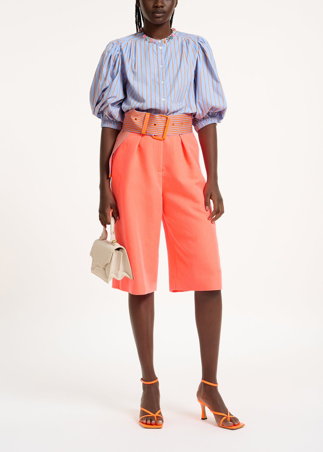 Light blue and orange striped cotton shirt with bead embellishments RE—SSENTIEL | Essentiel second hand