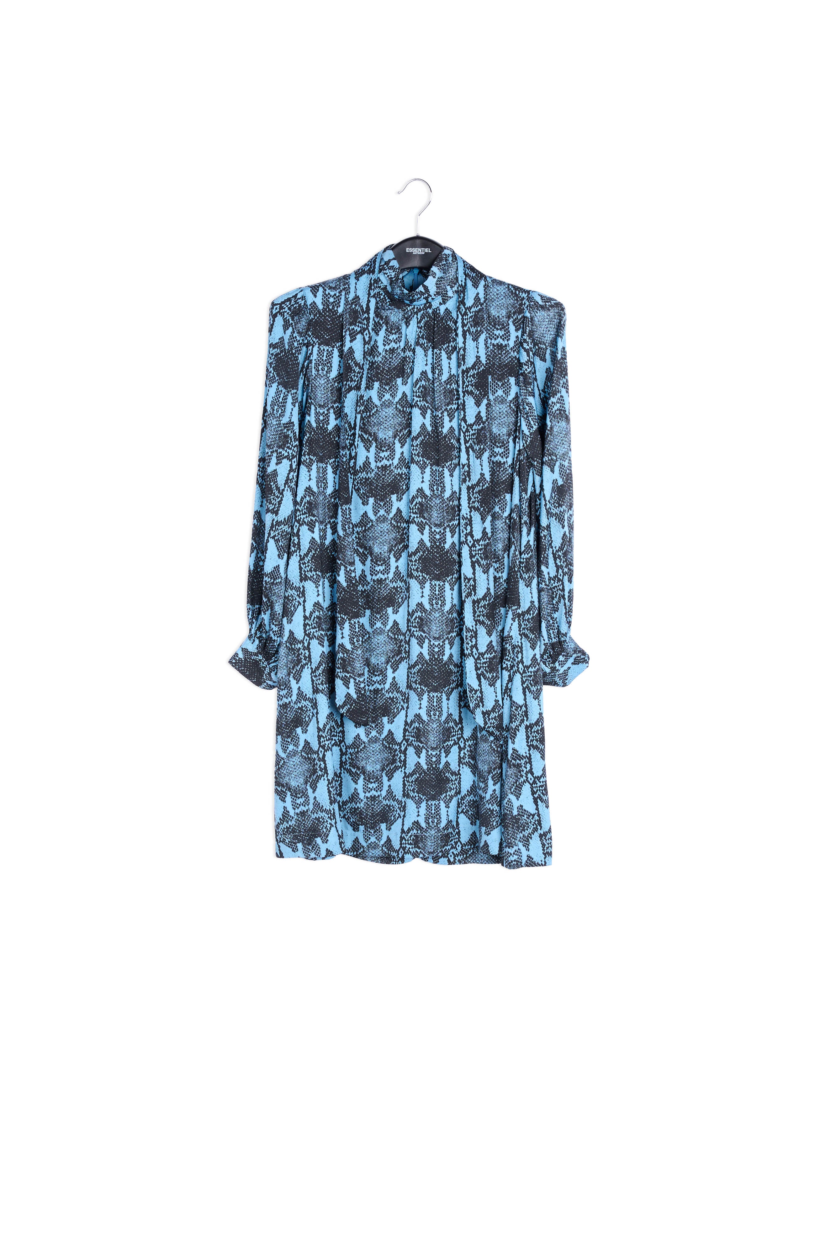 Blauwe mini-jurk met opstaande kraag en slangenprint RE—SSENTIEL | Essentiel second hand
