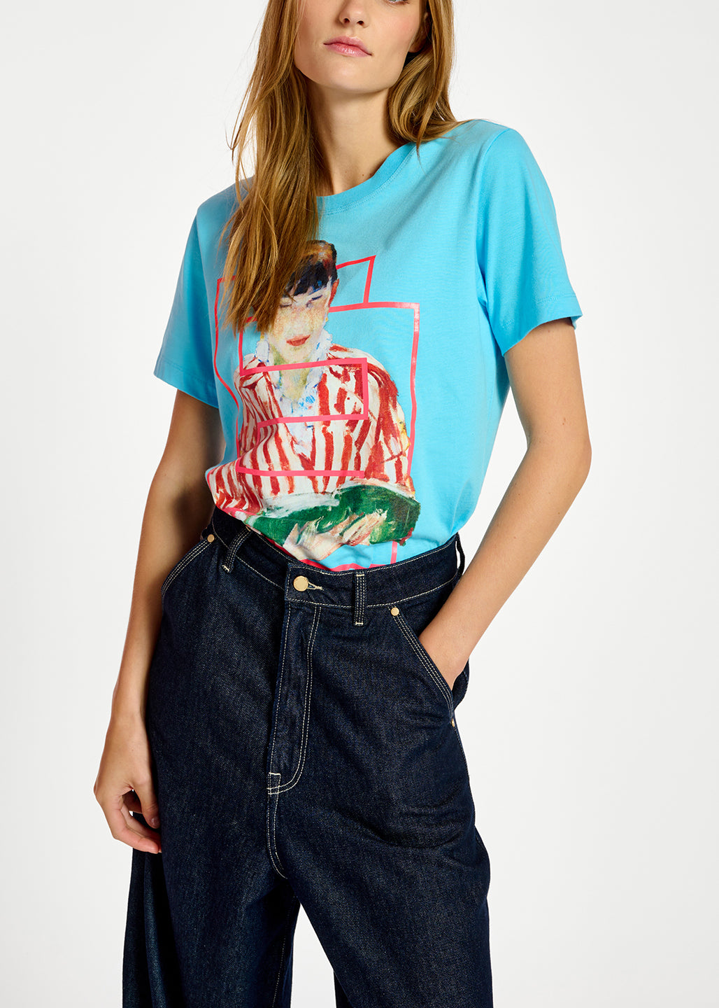 Blue cotton-jersey 'Woman Reading' T-shirt - collaboration with KMSKA RE—SSENTIEL | Essentiel second hand