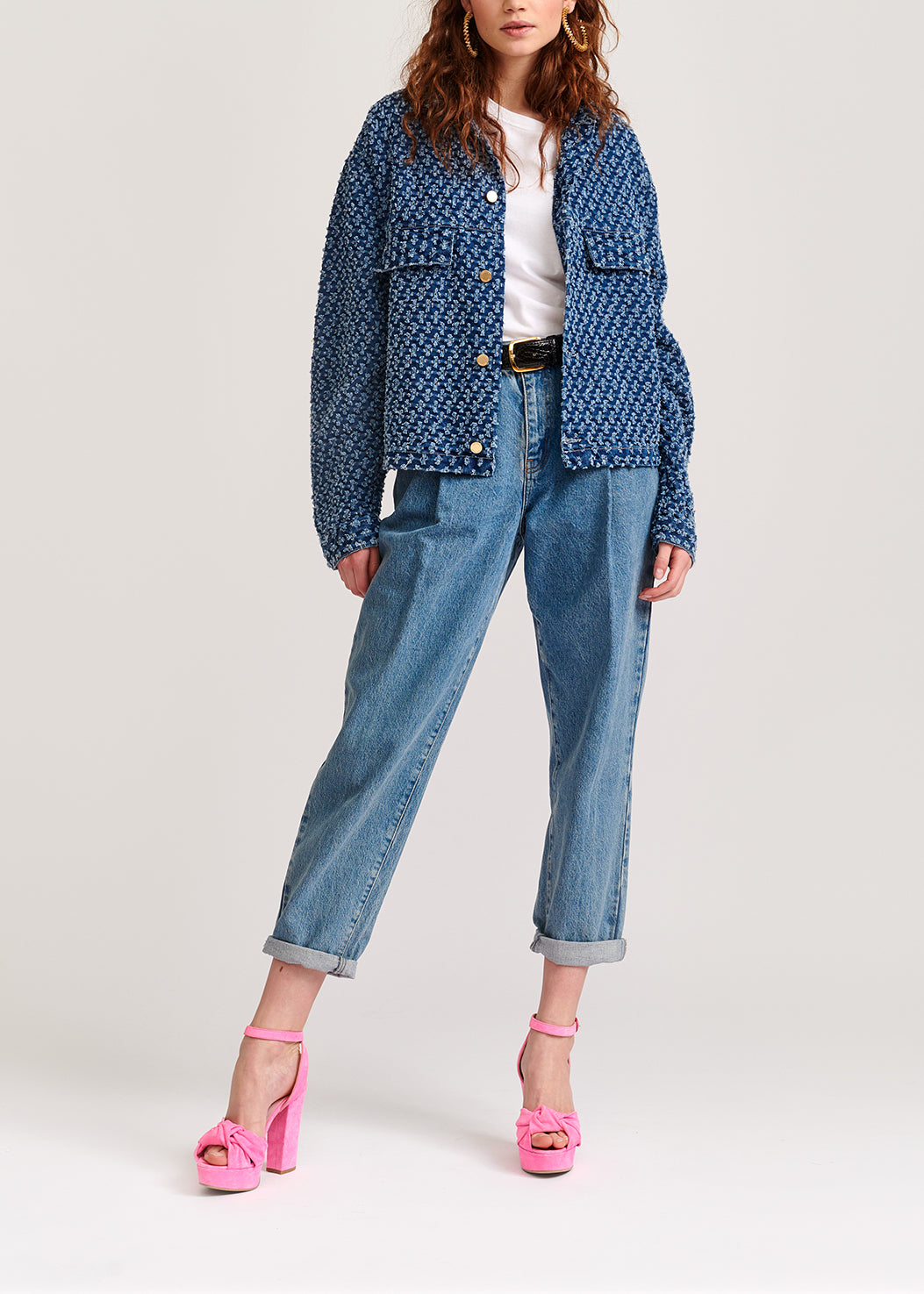 Dark blue perforated oversized denim jacket RE—SSENTIEL | Essentiel second hand