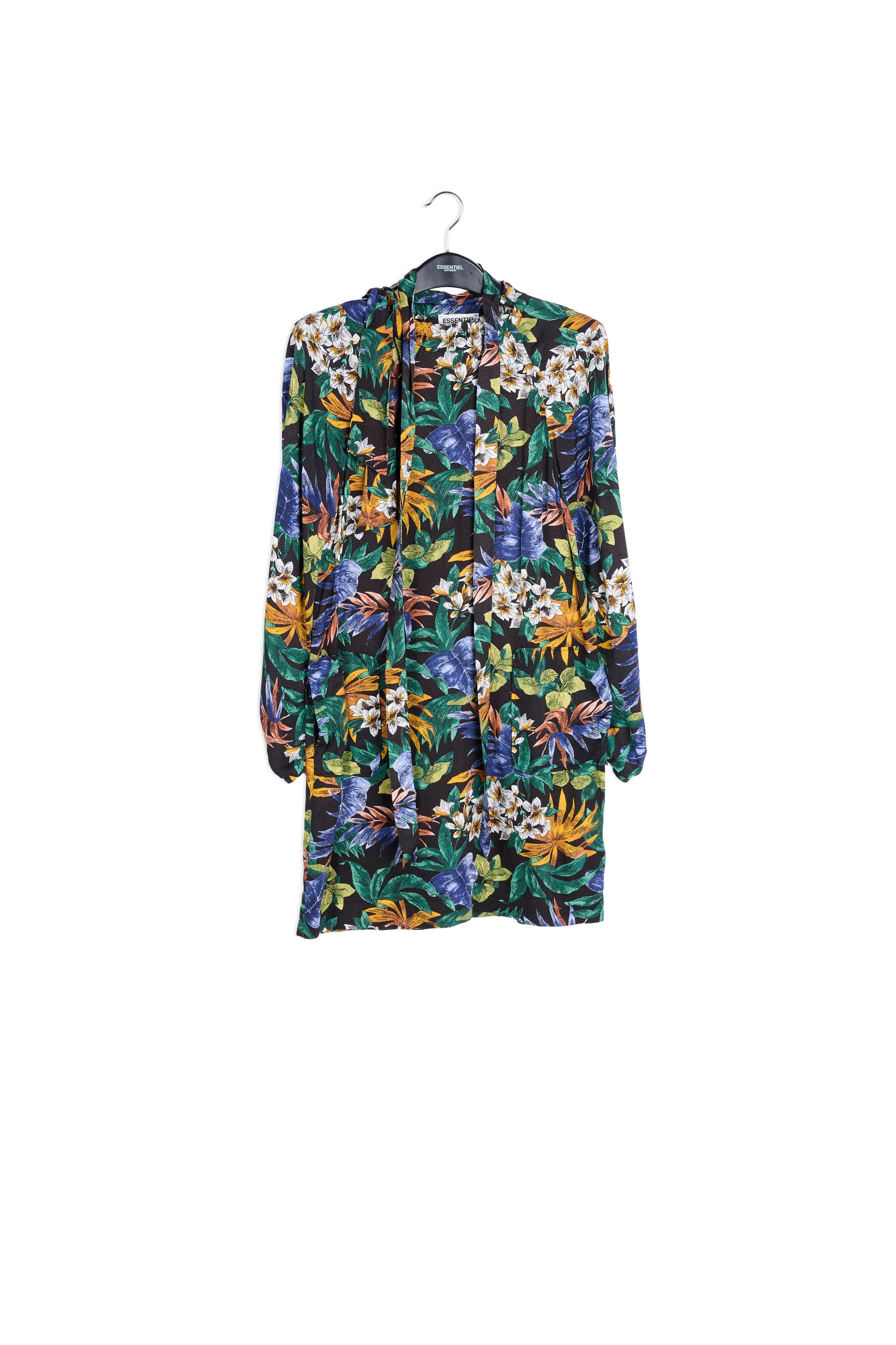 Black floral-print mini dress with pussy-bow RE—SSENTIEL | Essentiel second hand