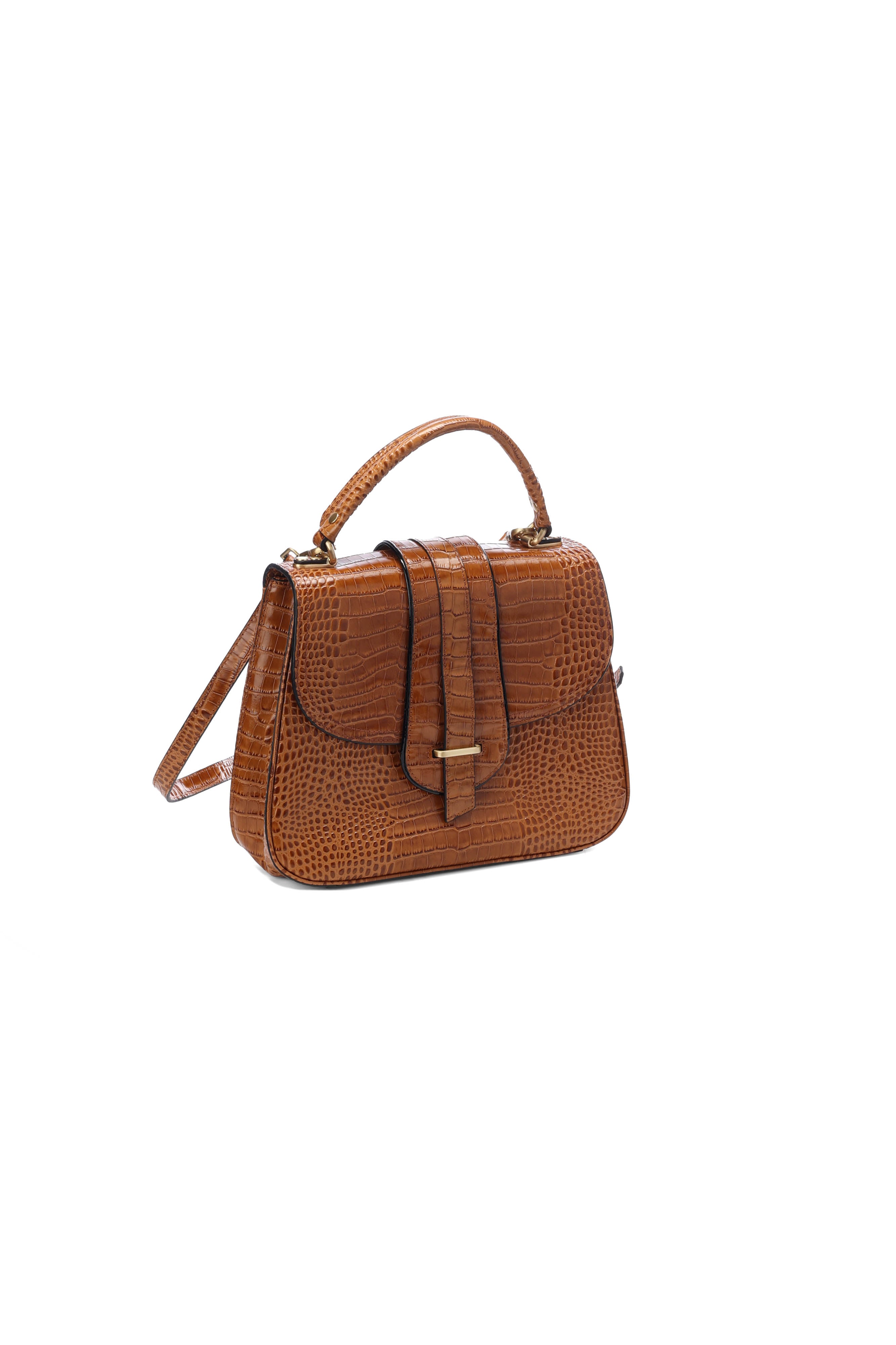 Camel-coloured leather tote bag with crocodile effect RE—SSENTIEL | Essentiel second hand