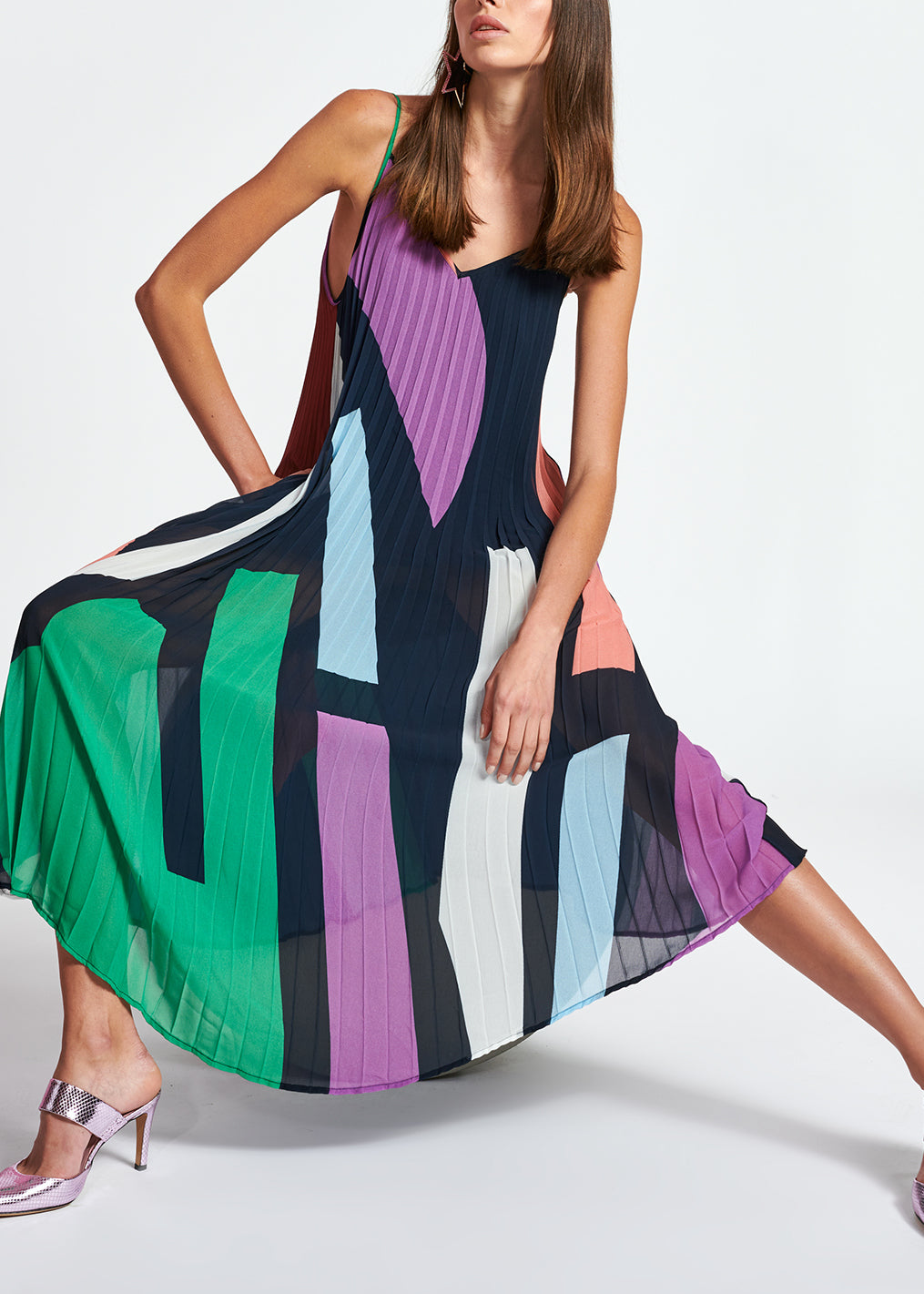 Dark blue graphic print plissé midi dress RE—SSENTIEL | Essentiel second hand