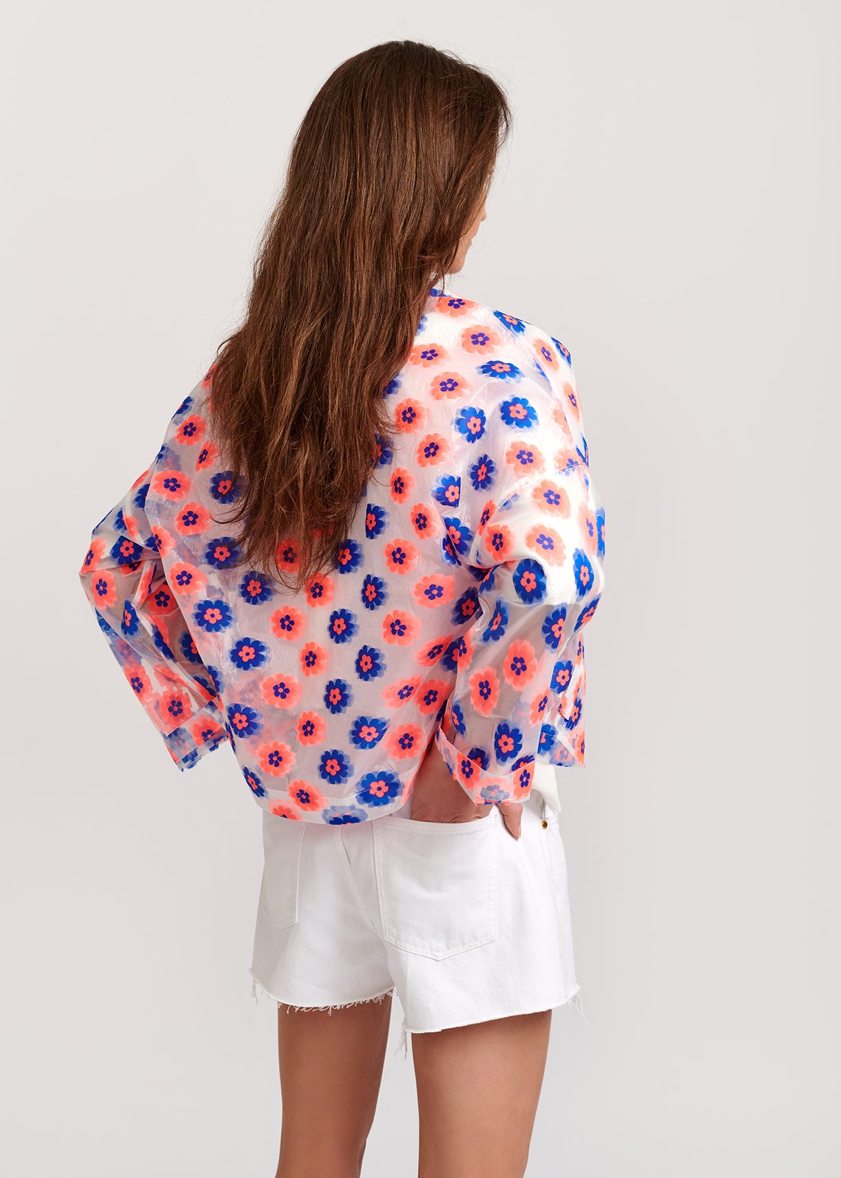 Neon pink and blue floral-print see-through jacket RE—SSENTIEL | Essentiel second hand