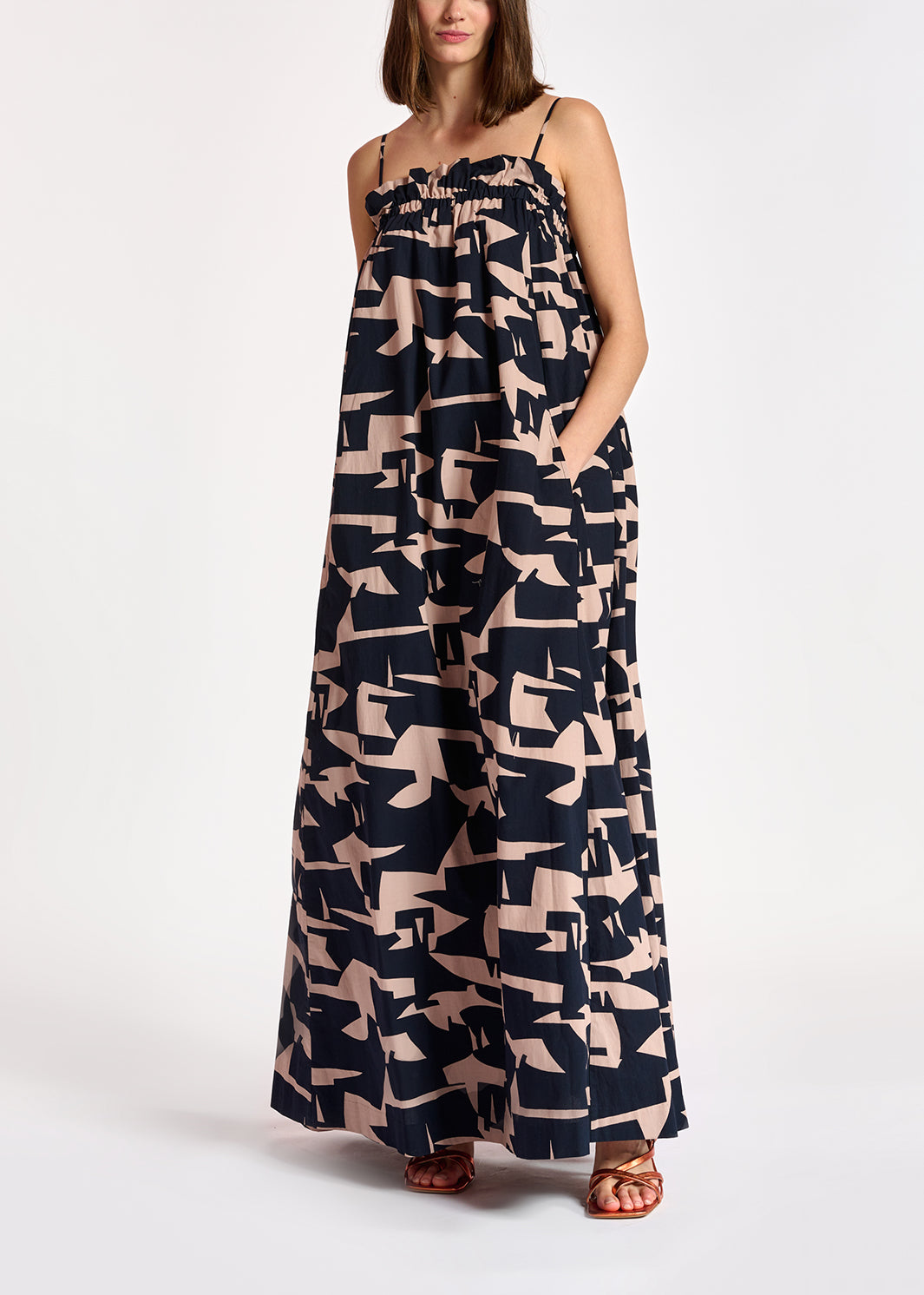 Dark blue and beige abstract print cotton maxi dress RE—SSENTIEL | Essentiel second hand