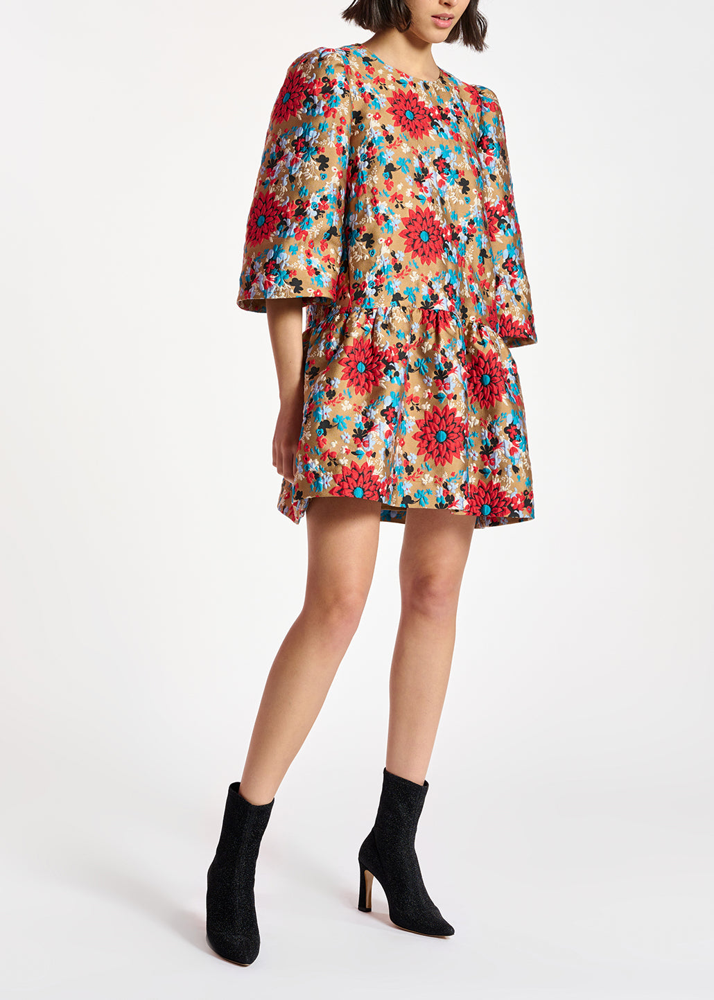 Camel floral jacquard mini dress RE—SSENTIEL | Essentiel second hand