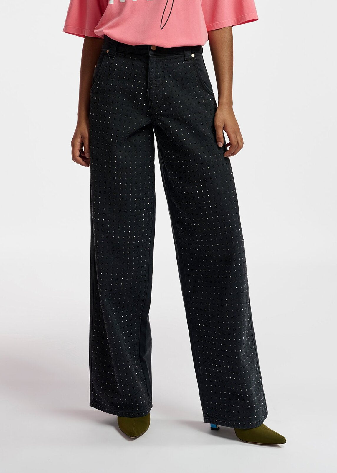 Black rhinestone-embellished wide-leg jeans RE—SSENTIEL | Essentiel second hand