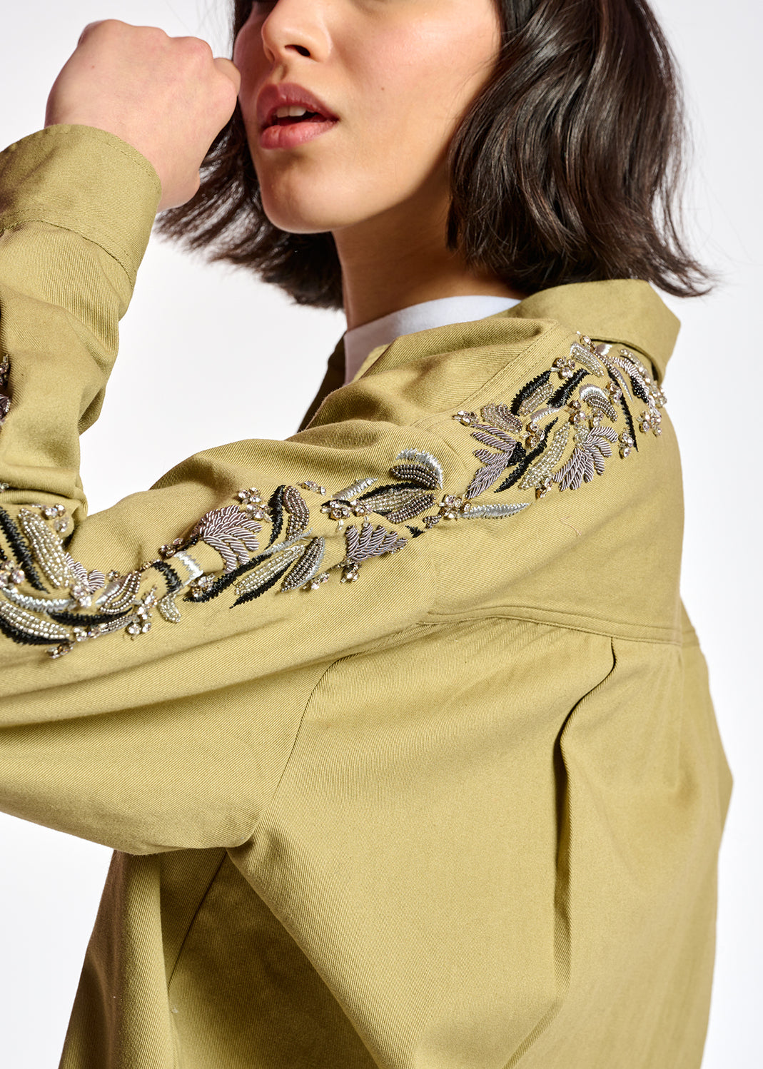 Khaki cotton shirt with bead embroidery RE—SSENTIEL | Essentiel second hand