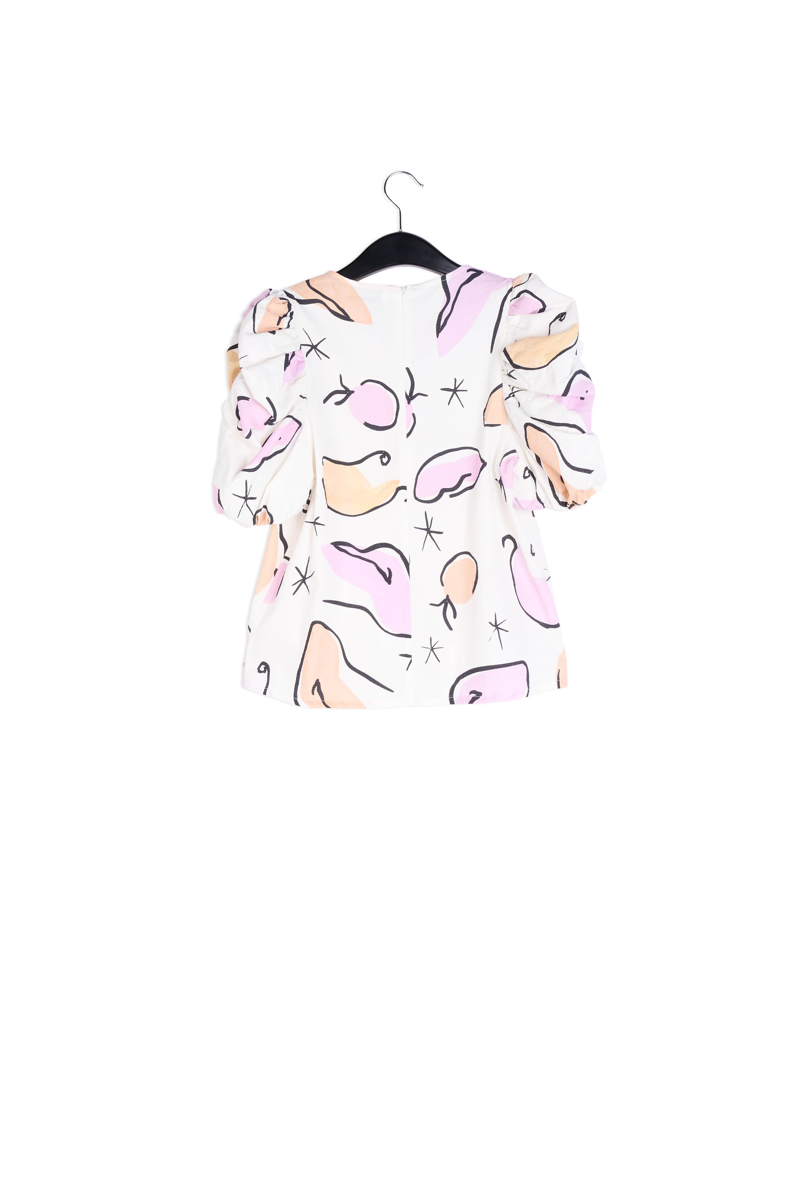 Witte top met pofmouwen en abstracte print RE—SSENTIEL | Essentiel second hand