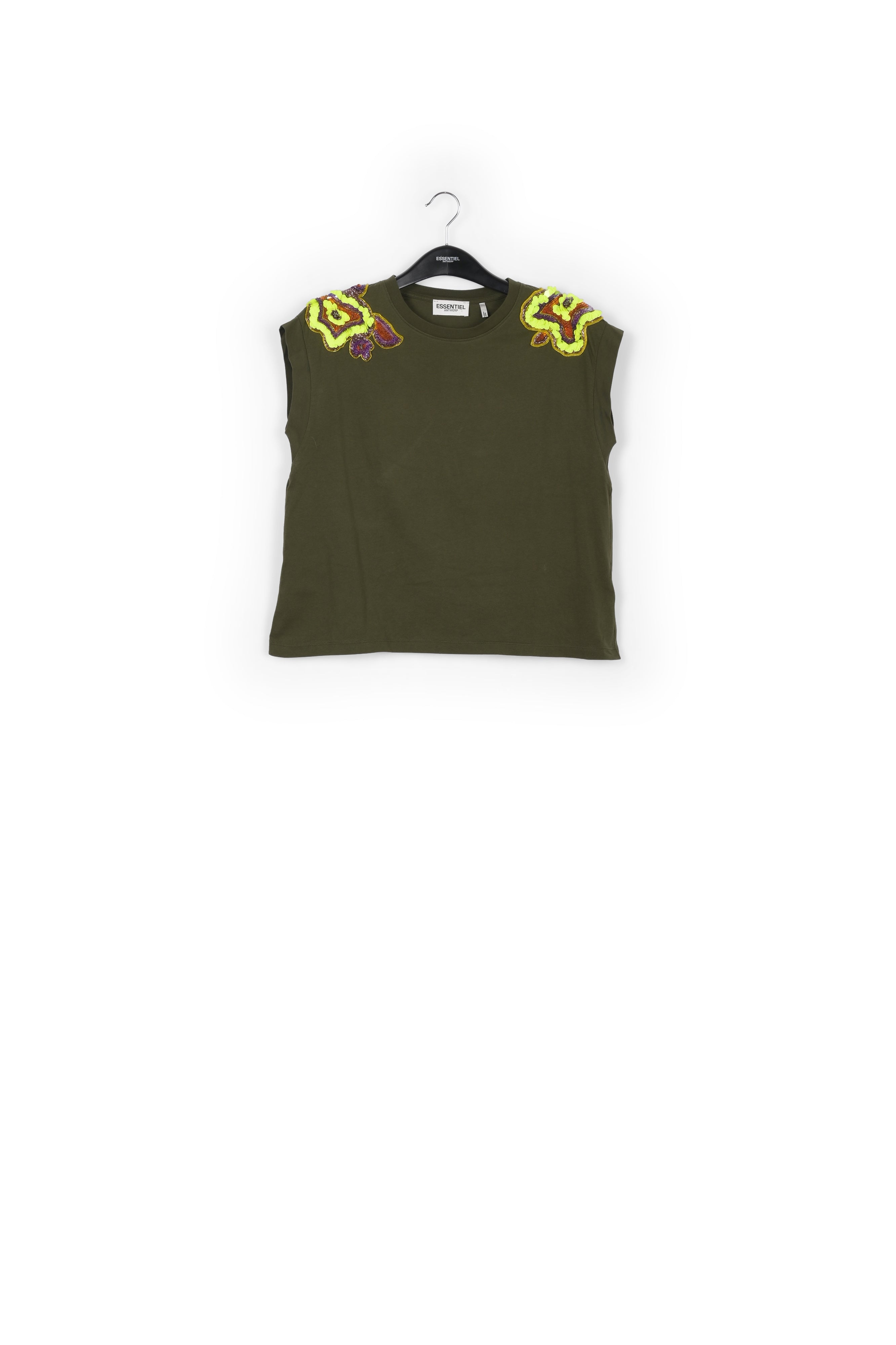 Khaki T-shirt with embellished cap sleeves RE—SSENTIEL | Essentiel second hand