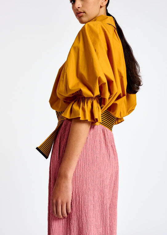 Ochre voluminous cotton top with high collar RE—SSENTIEL | Essentiel second hand
