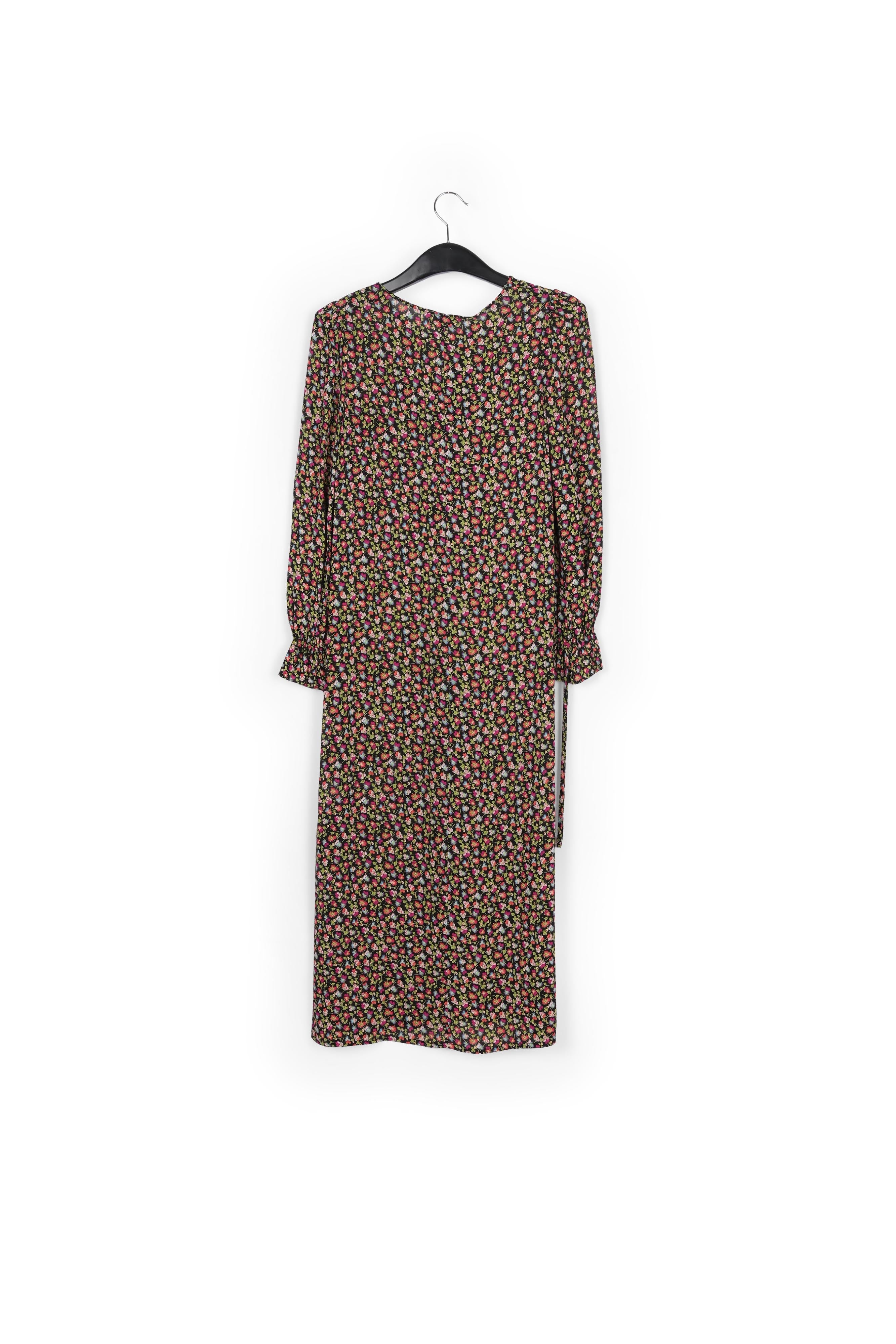 Midi-jurk met riem en zwarte, lichtgroene en fuchsia bloemenprint RE—SSENTIEL | Essentiel second hand