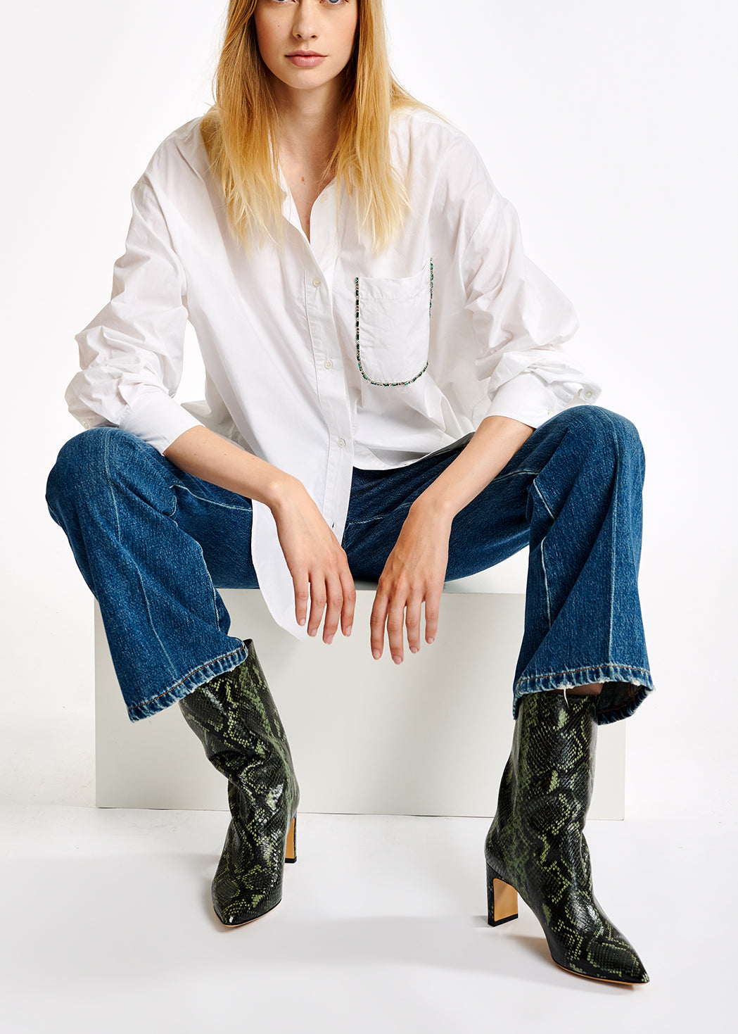 White poplin-cotton shirt with rhinestone-embellishment RE—SSENTIEL | Essentiel second hand