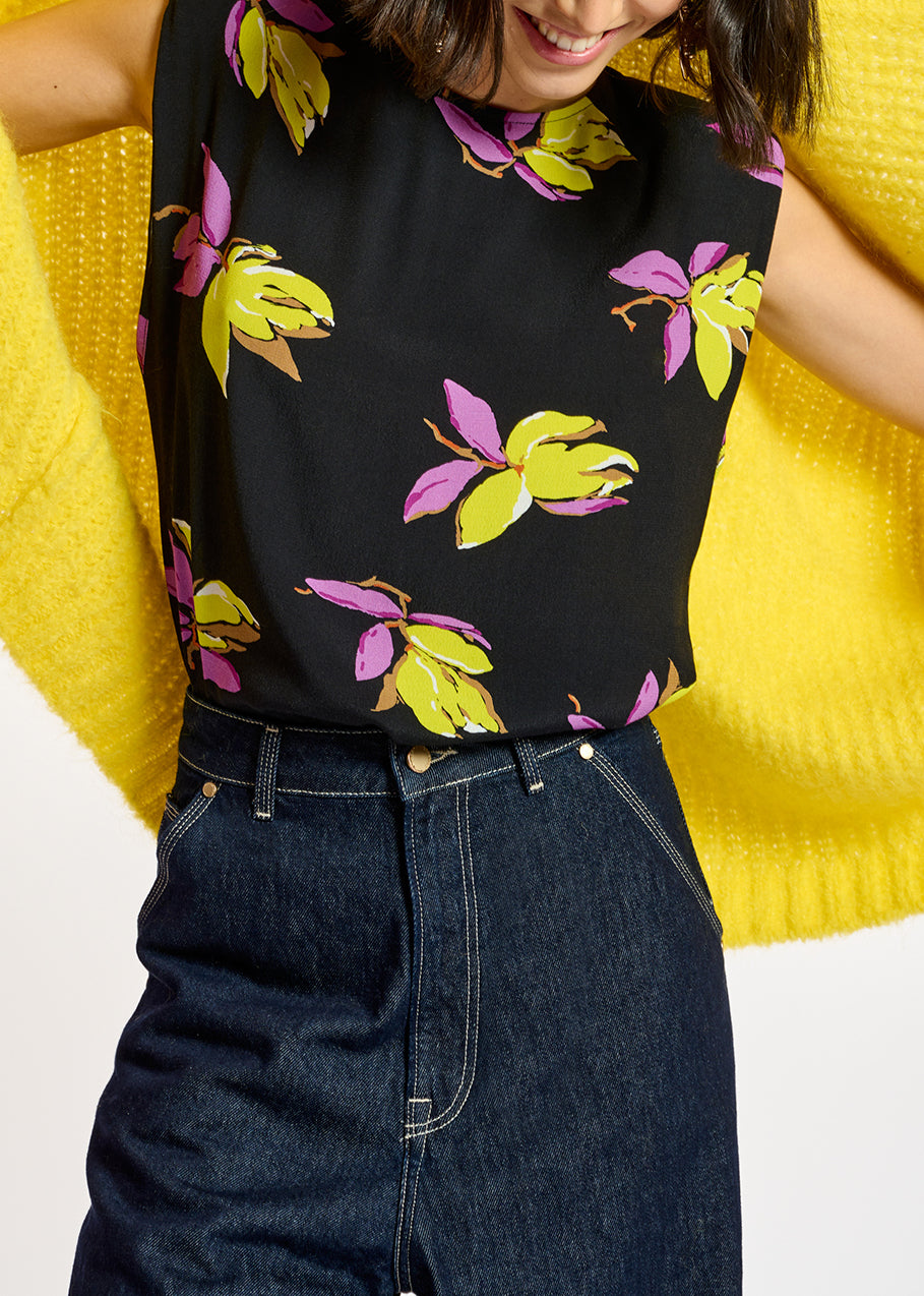 Black floral-print sleeveless top with padded shoulders RE—SSENTIEL | Essentiel second hand