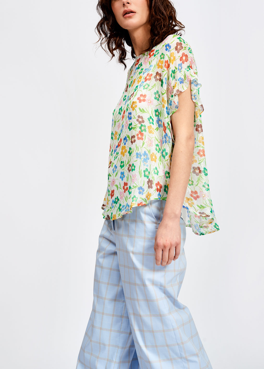 Off-white floral print top with ruffled sleeves RE—SSENTIEL | Essentiel second hand