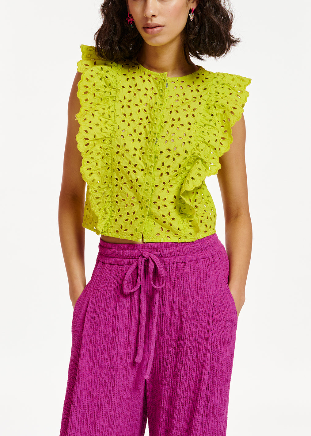Lime green broderie anglaise cotton top RE—SSENTIEL | Essentiel second hand