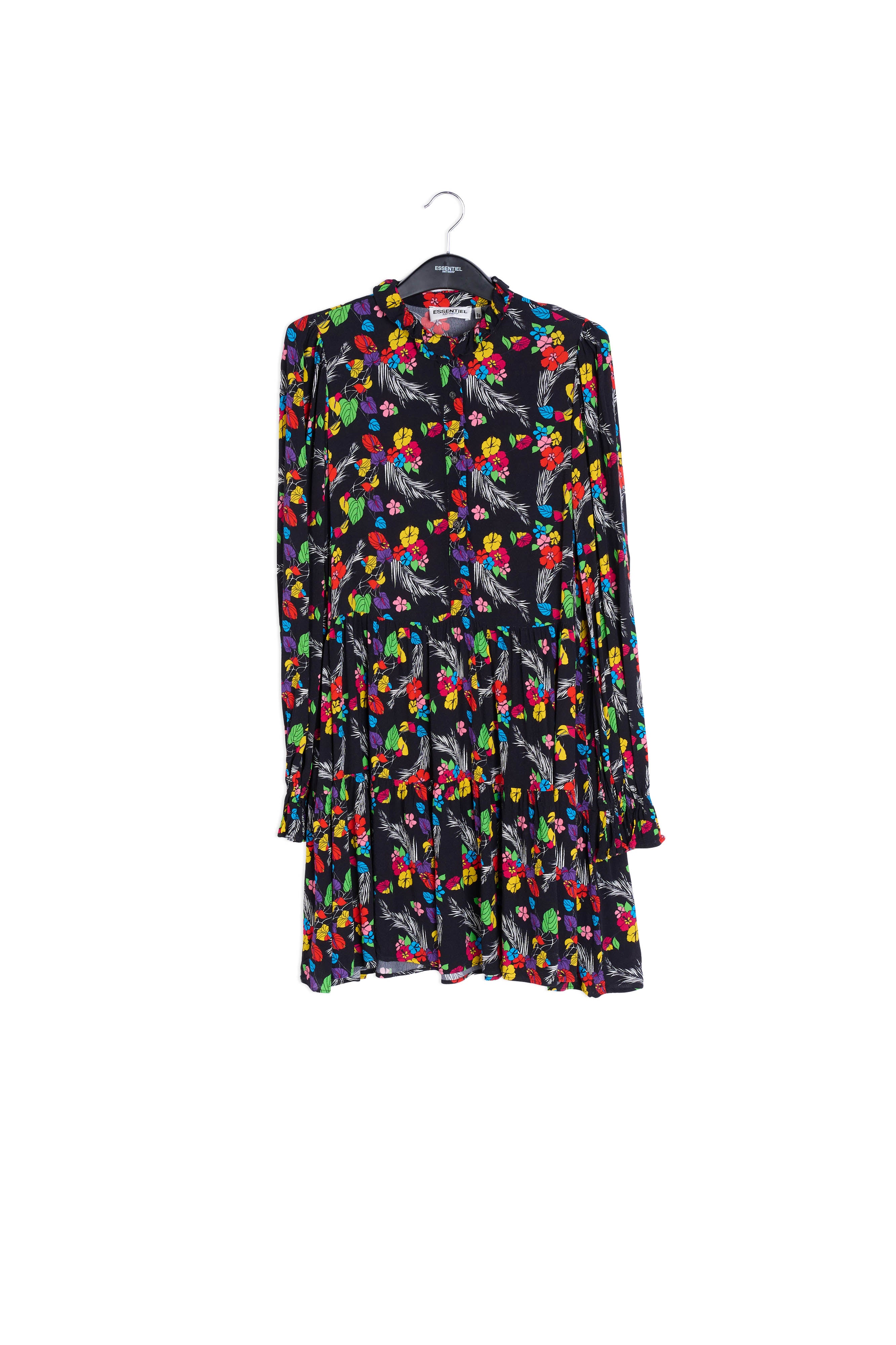 Zwarte mini-jurk met tropische print RE—SSENTIEL | Essentiel second hand