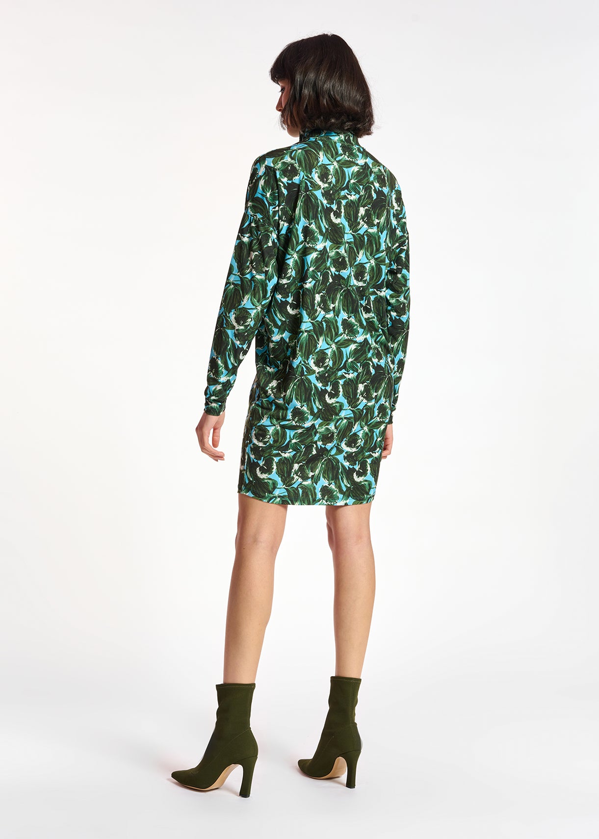 Blue and dark green leaf-printed mini dress with turtleneck RE—SSENTIEL | Essentiel second hand