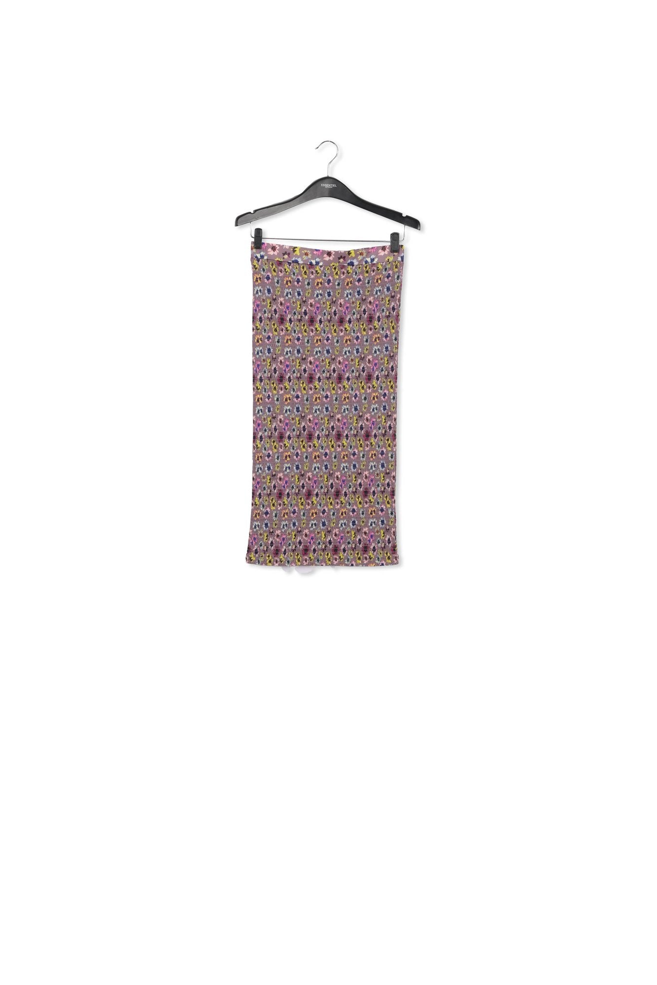 Mauve smocked midi skirt with multicolor floral print RE—SSENTIEL | Essentiel second hand