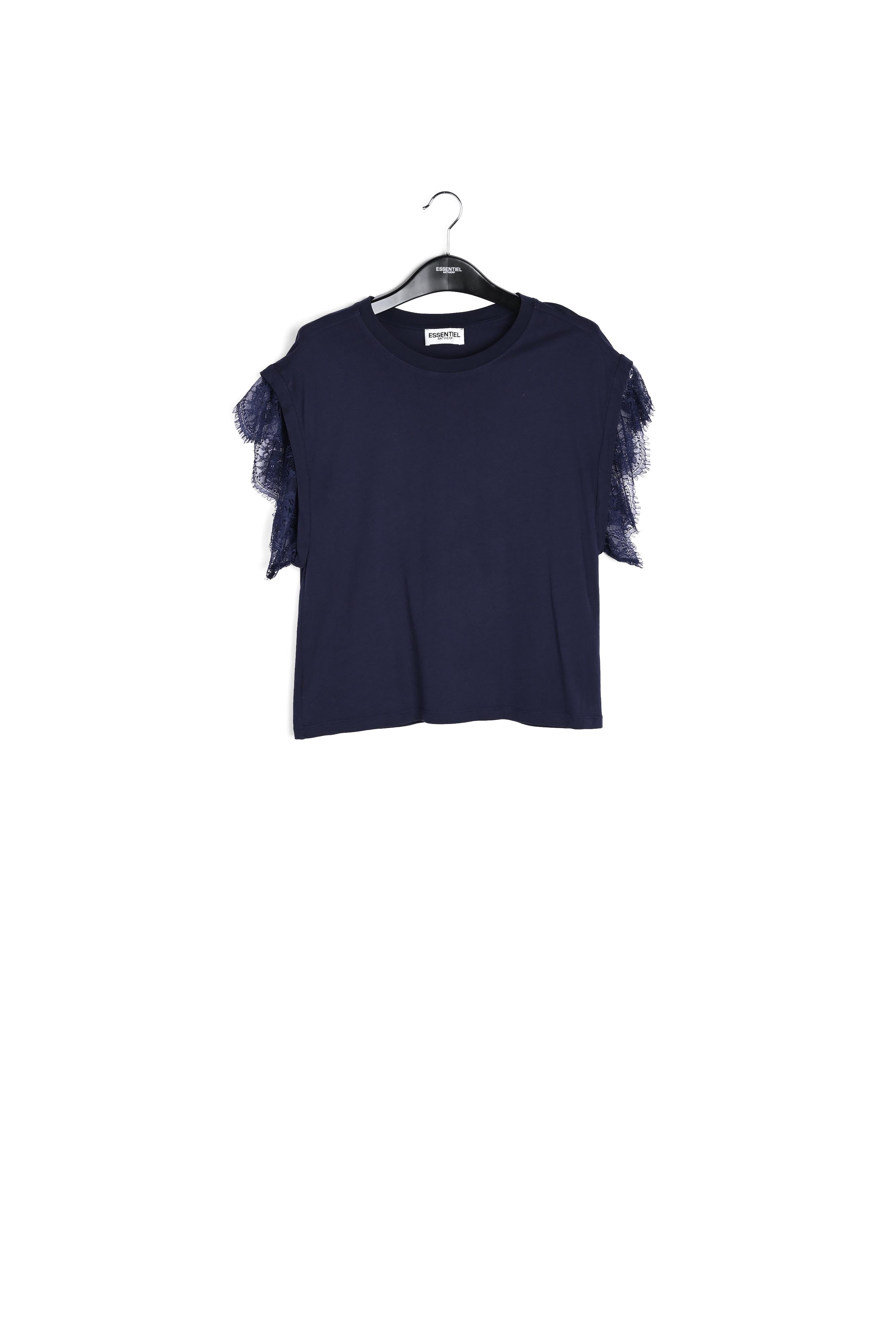 Dark blue organic cotton T-shirt with lace RE—SSENTIEL | Essentiel second hand