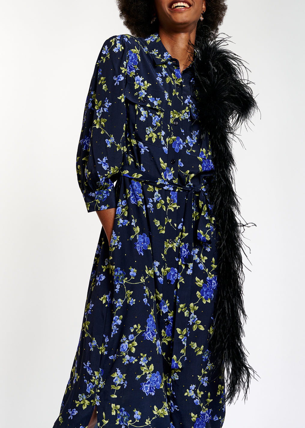 Dark blue floral print shirt dress RE—SSENTIEL | Essentiel second hand