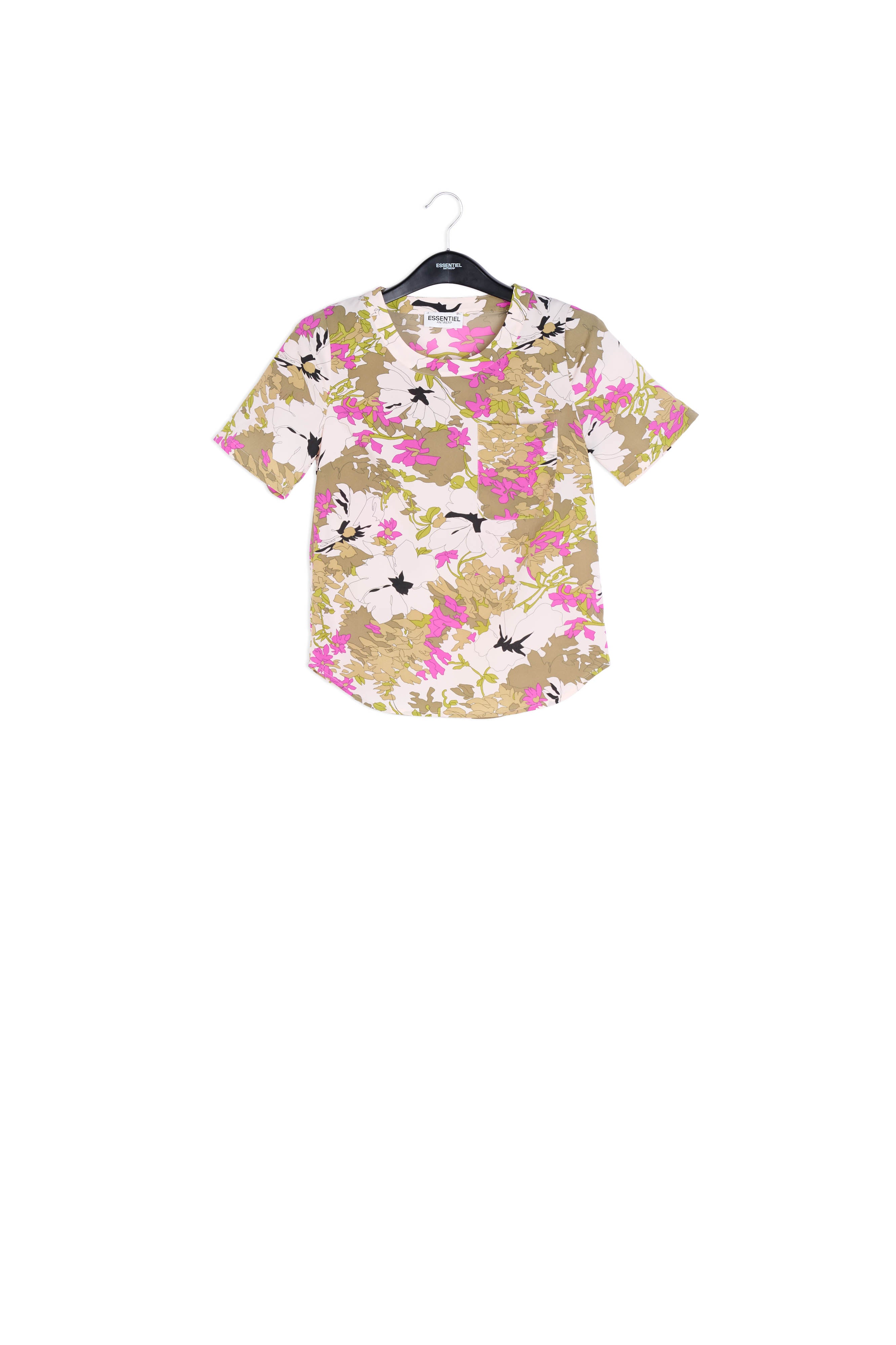 Khaki green, white and pink floral print top RE—SSENTIEL | Essentiel second hand