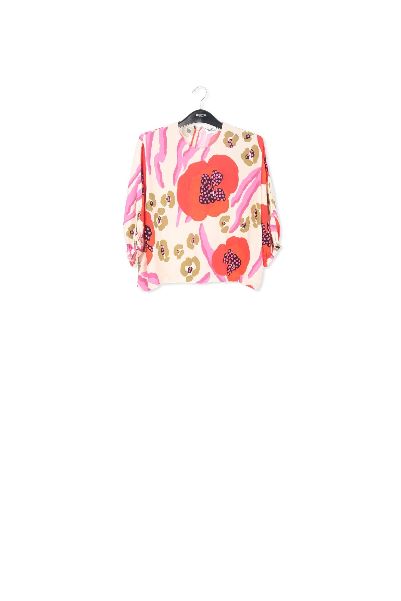 Ecru, red and pink batwing-sleeve top with abstract print RE—SSENTIEL | Essentiel second hand
