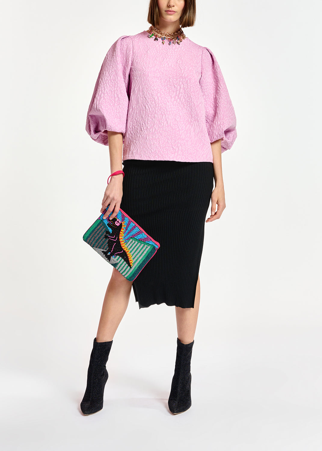 Light pink jacquard top with puffed sleeves RE—SSENTIEL | Essentiel second hand