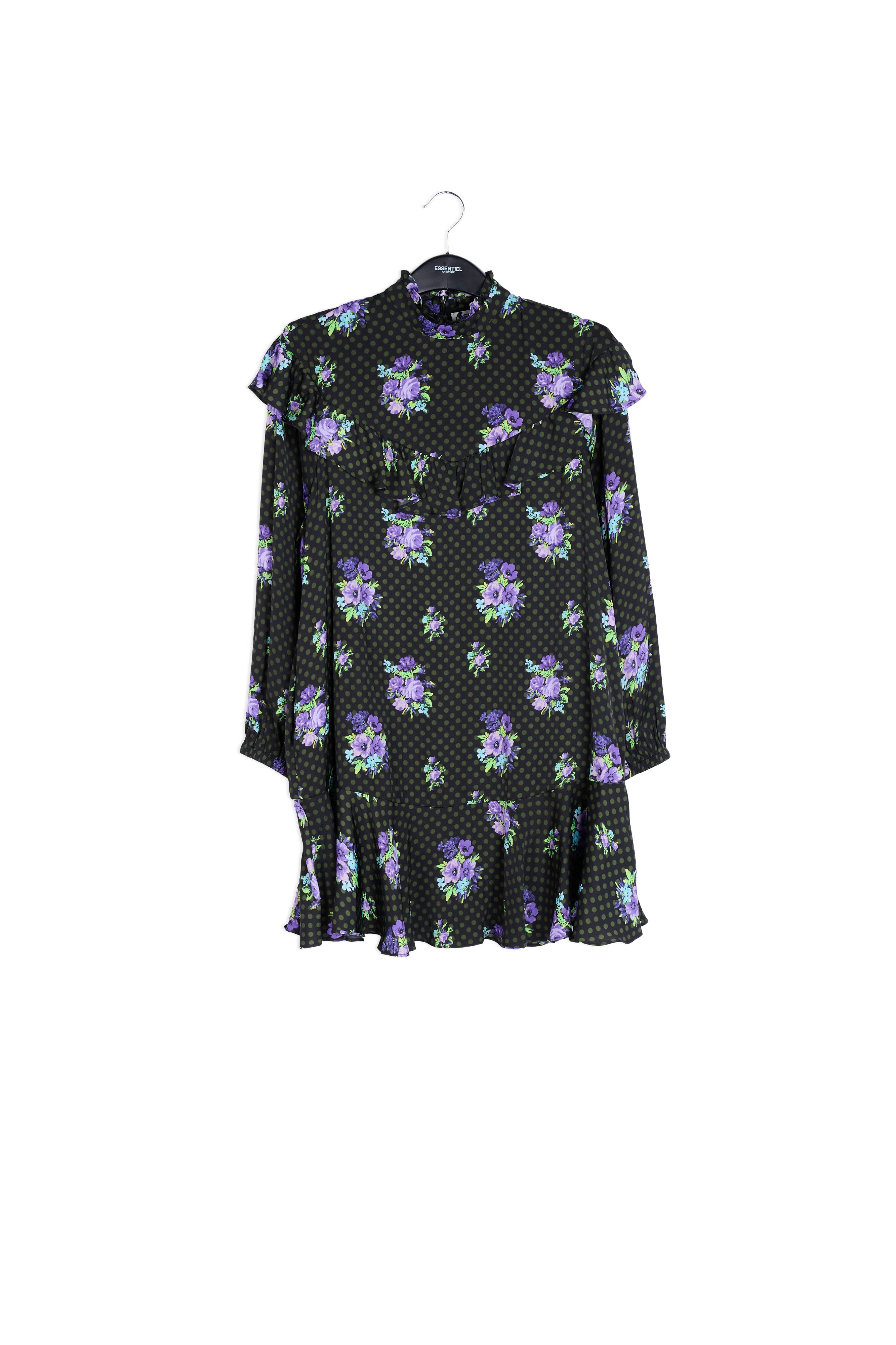 Zwart en paarse A-lijn jurk met volants RE—SSENTIEL | Essentiel second hand