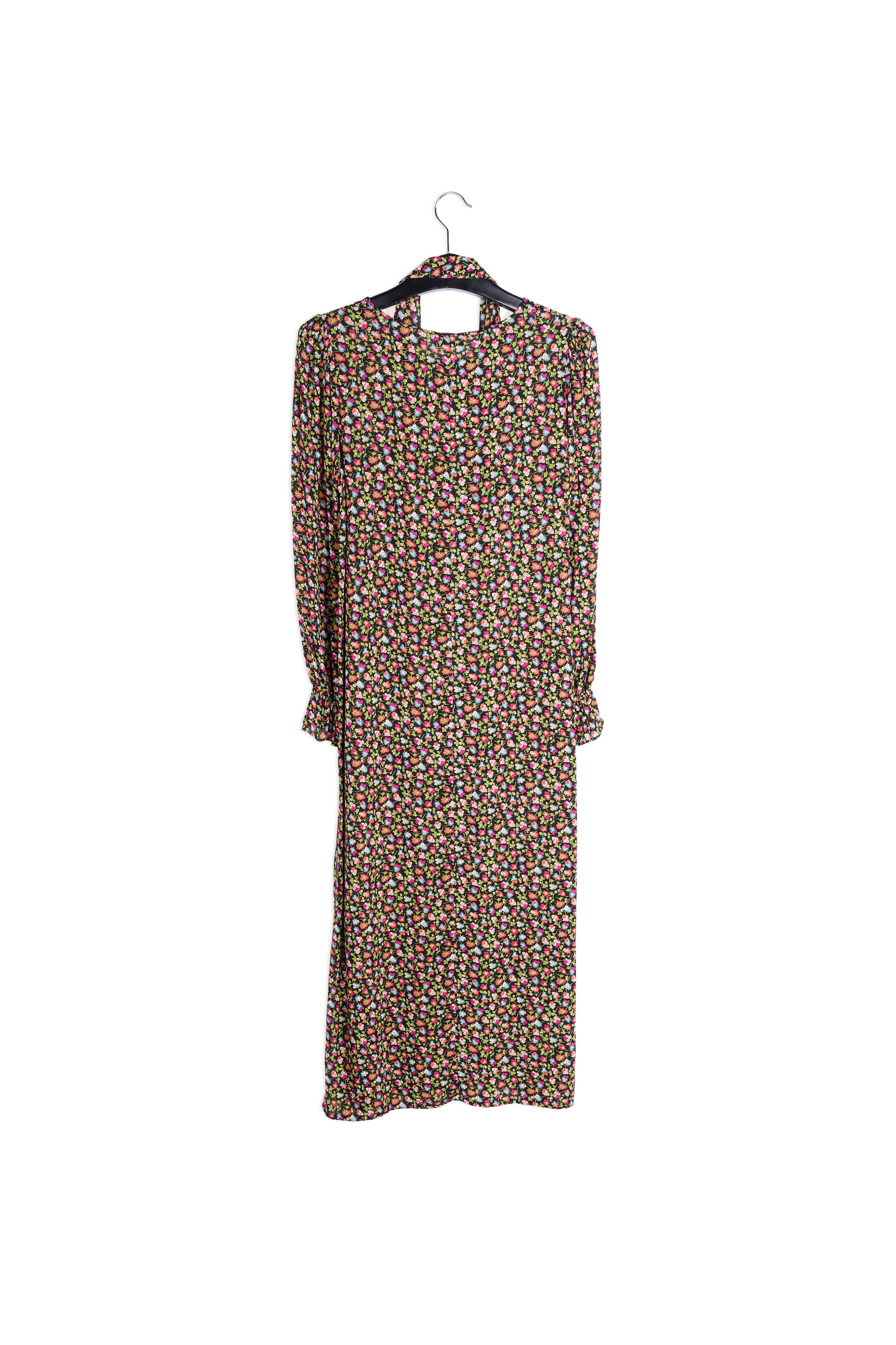 Midi-jurk met riem en zwarte, lichtgroene en fuchsia bloemenprint RE—SSENTIEL | Essentiel second hand