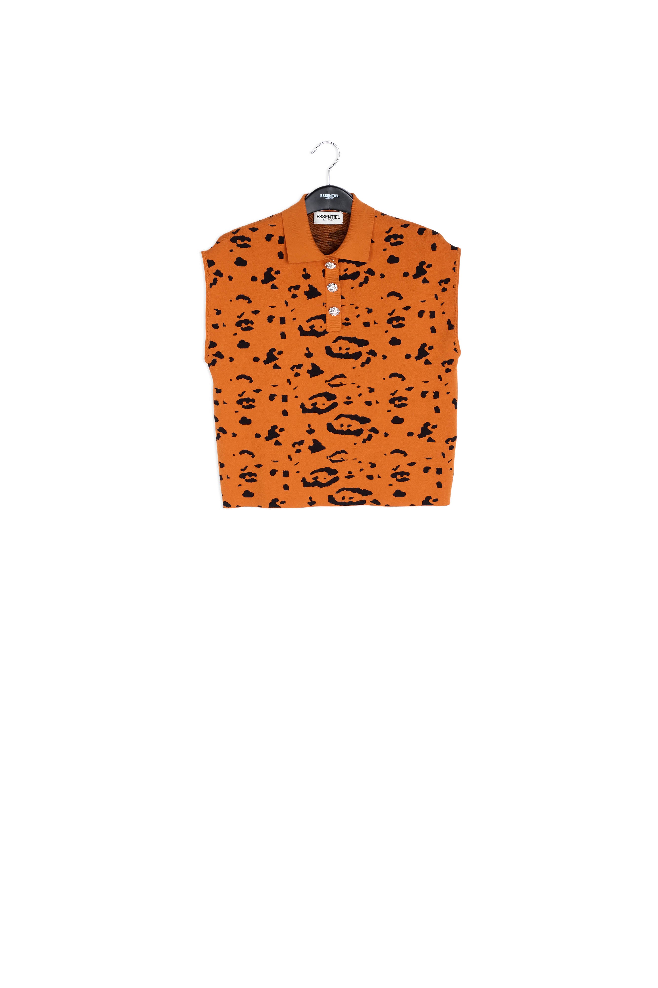 Orange and black knitted polo top with leopard print RE—SSENTIEL | Essentiel second hand