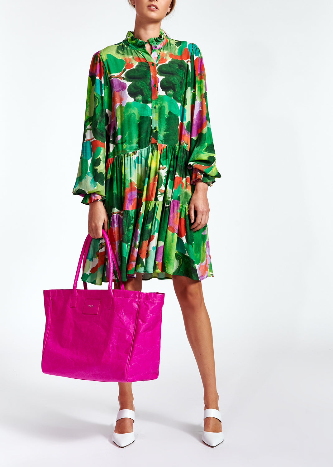 Mini robe trapèze à  imprimé aquarelle vert, rouge et pourpre RE—SSENTIEL | Essentiel second hand