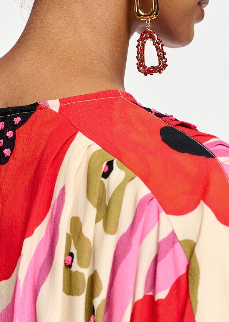 Ecru, red and pink abstract print midi-length dress RE—SSENTIEL | Essentiel second hand