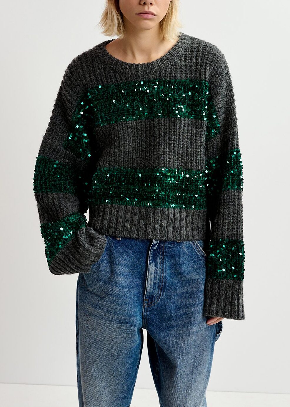 Dark grey and dark green knit sweater with sequin-embellished stripes RE—SSENTIEL | Essentiel second hand
