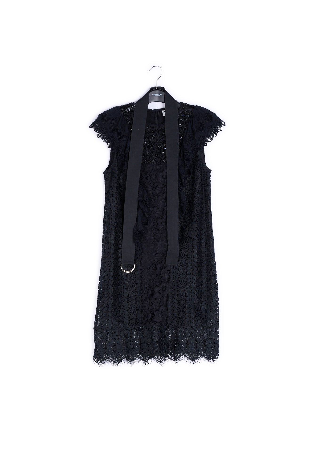 Black ruffled lace belted dress with sequins RE—SSENTIEL | Essentiel second hand