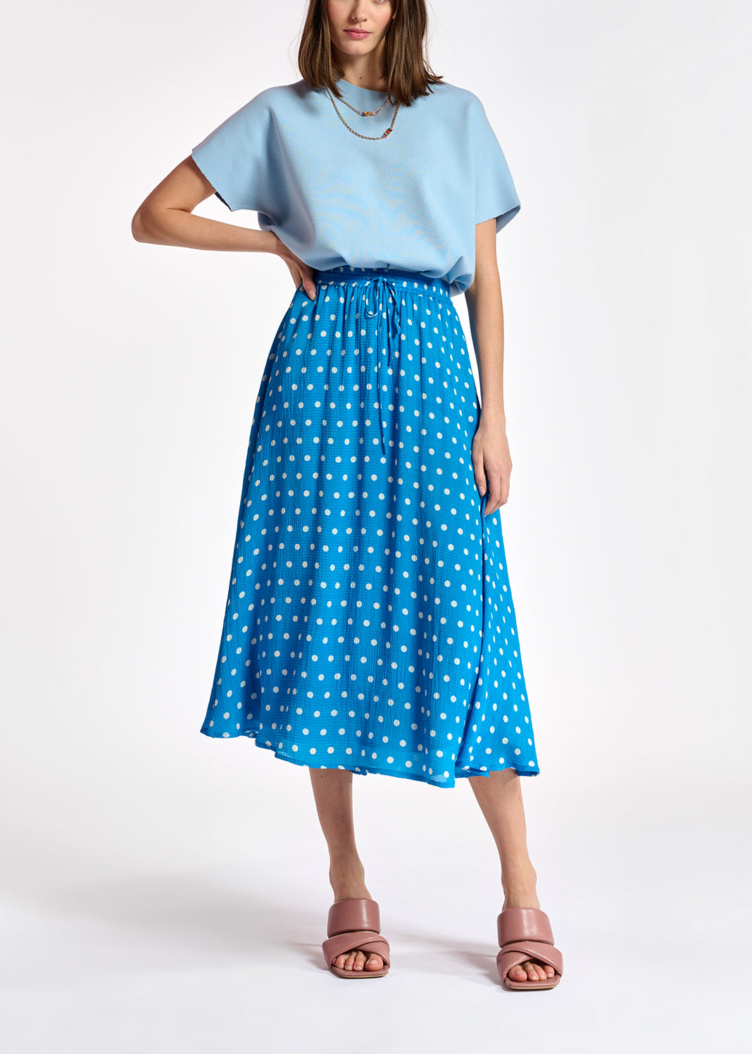 Blue and white polka-dotted midi skirt RE—SSENTIEL | Essentiel second hand