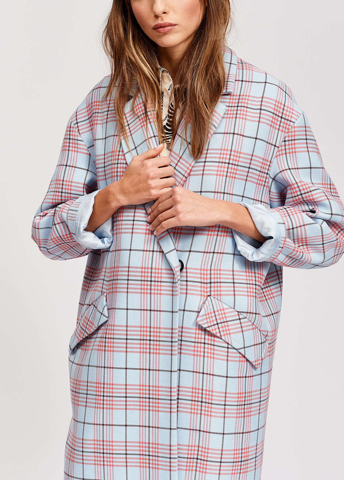 Sky blue plaid long coat RE—SSENTIEL | Essentiel second hand
