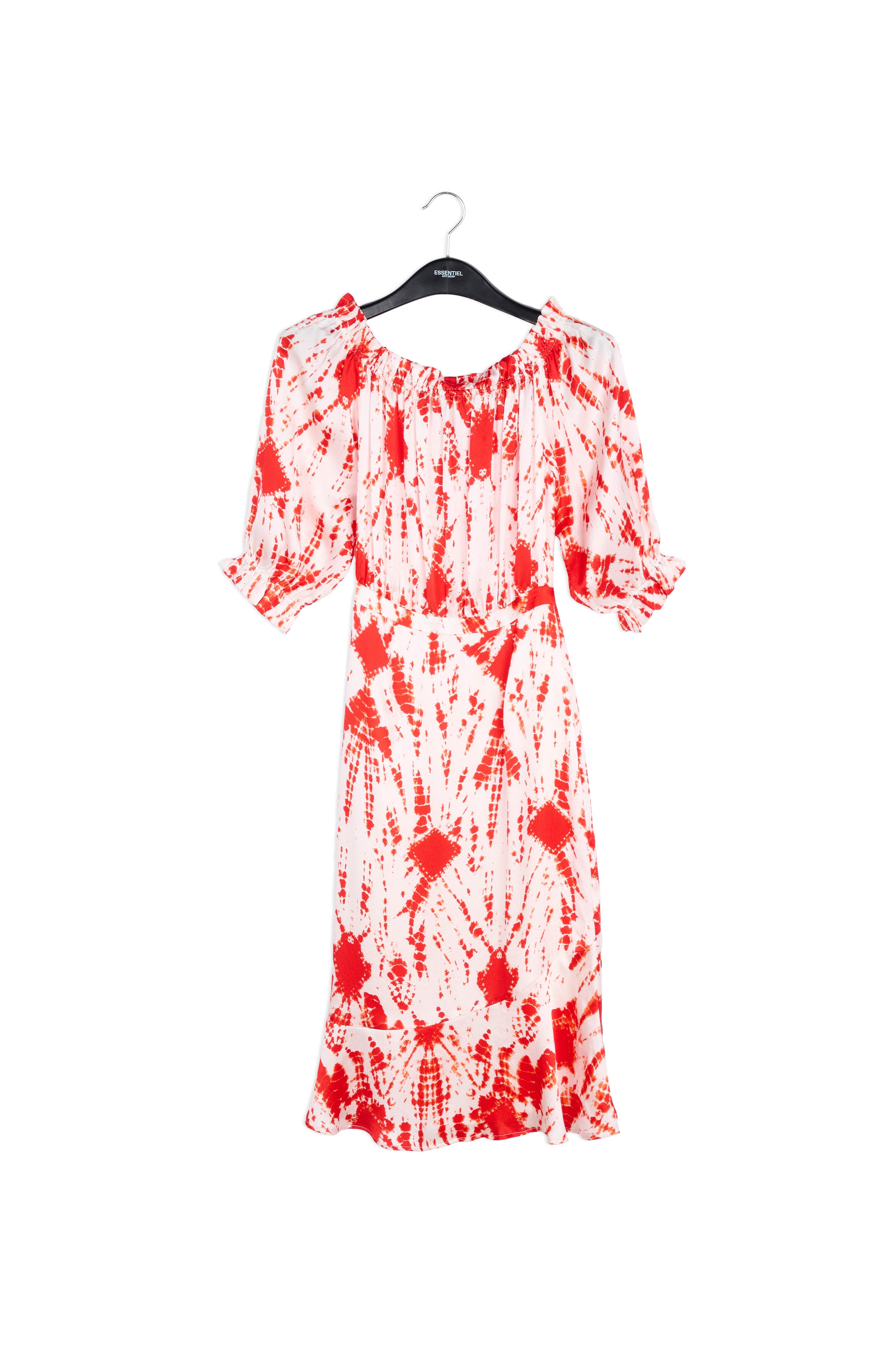 Off-white and green tie-dyed off-the-shoulder silk dress RE—SSENTIEL | Essentiel second hand