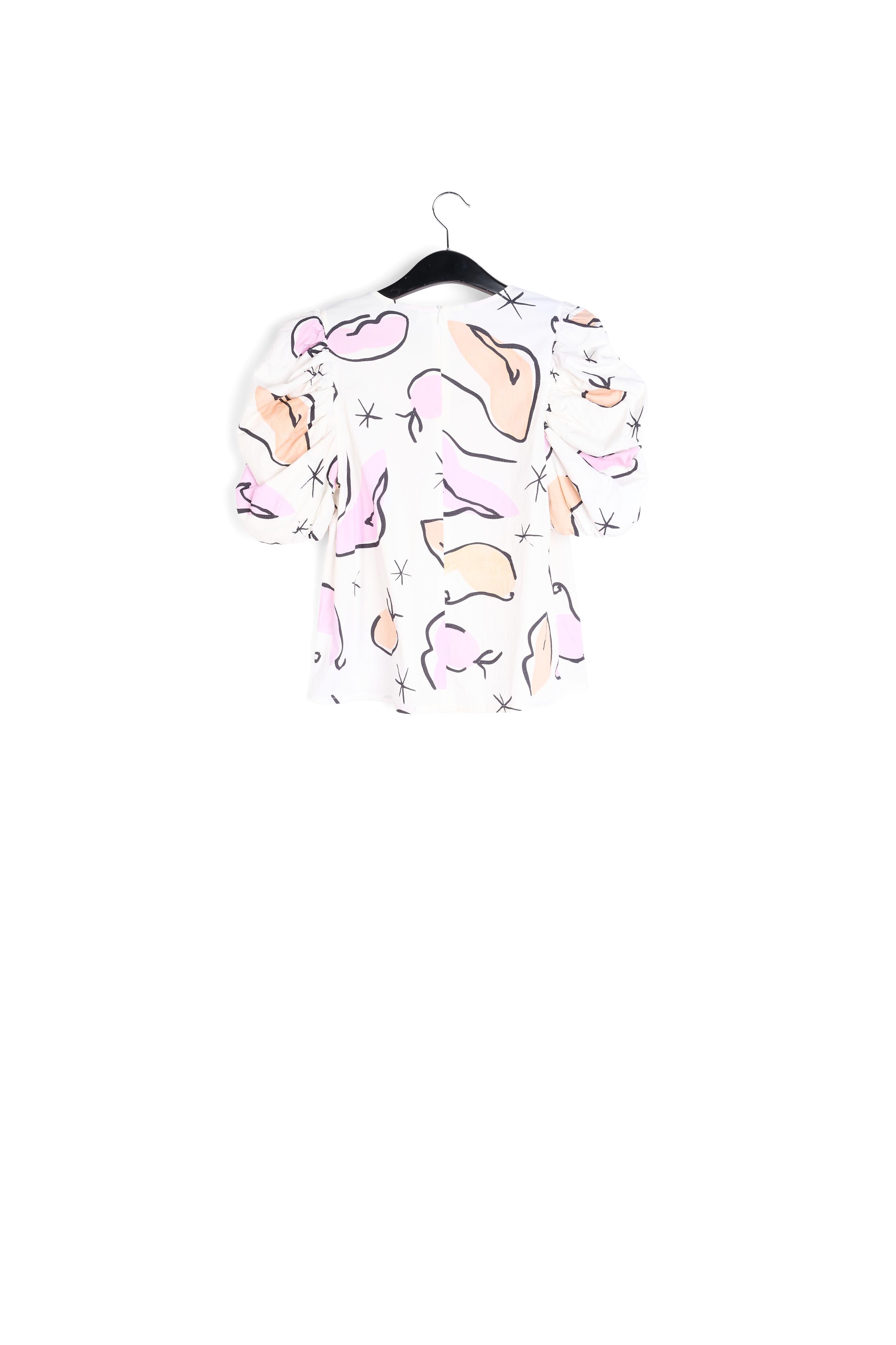 Witte top met pofmouwen en abstracte print RE—SSENTIEL | Essentiel second hand