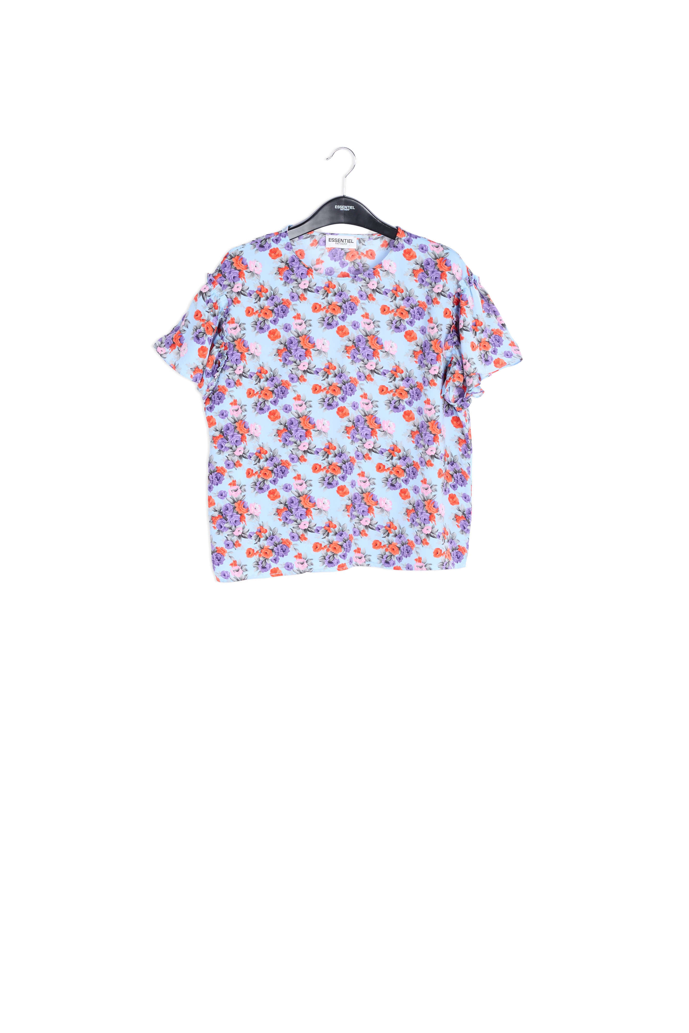 Light blue floral ruffle-sleeved top RE—SSENTIEL | Essentiel second hand