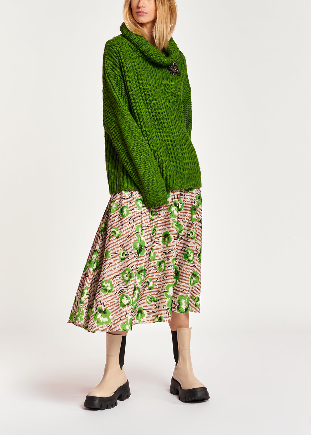 Stripe and green floral print A-line skirt RE—SSENTIEL | Essentiel second hand