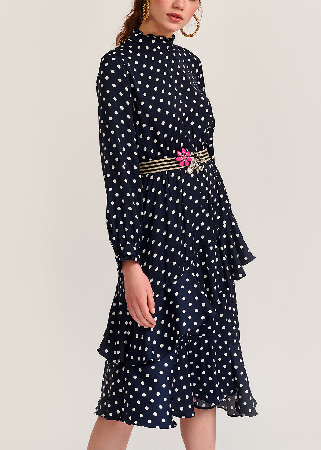 Dark blue polka dot ruffled midi dress RE—SSENTIEL | Essentiel second hand