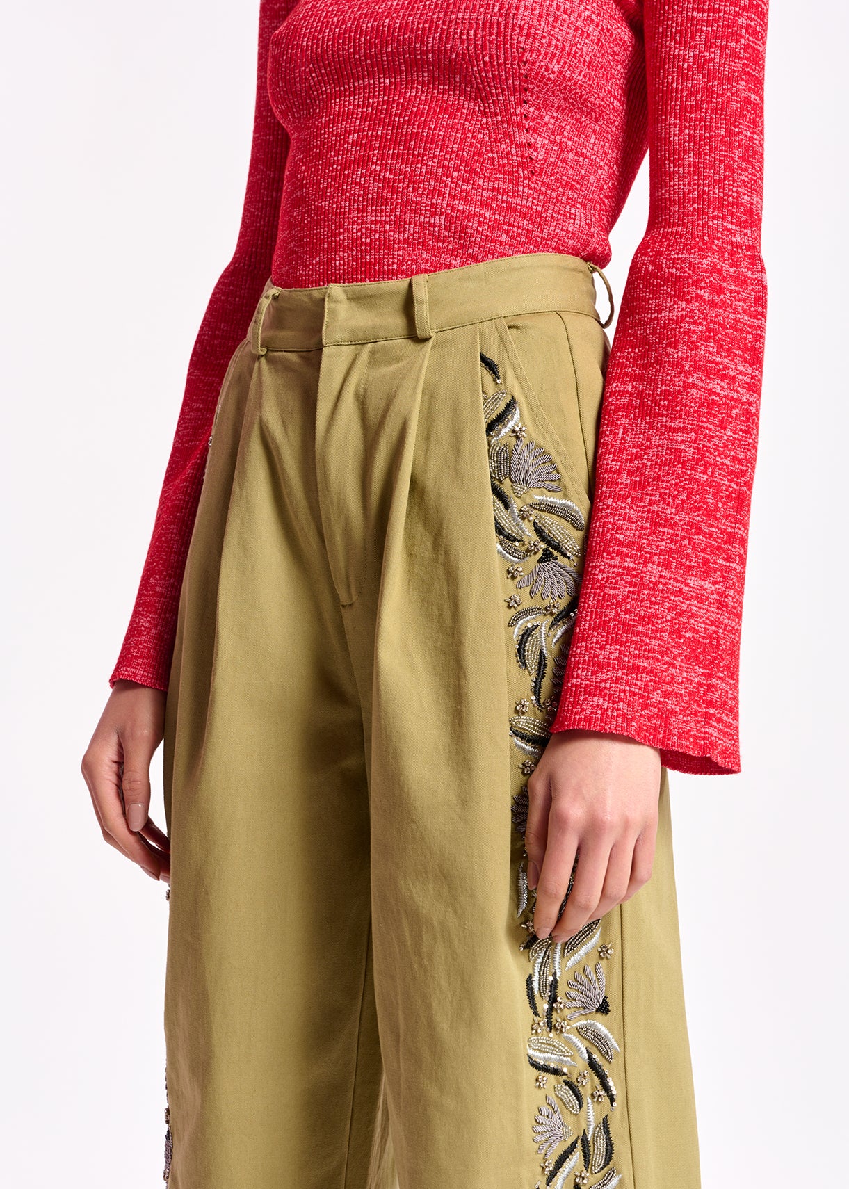 Khaki cotton wide-leg pants with bead embroidery RE—SSENTIEL | Essentiel second hand