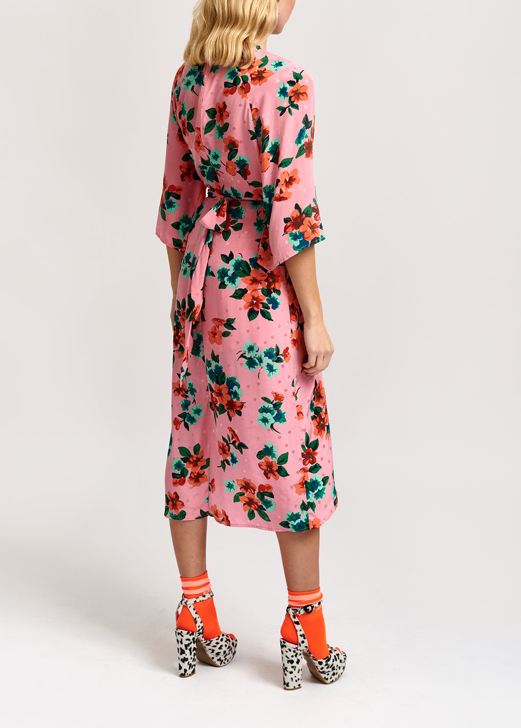 Pink floral and polka dot silk midi dress RE—SSENTIEL | Essentiel second hand